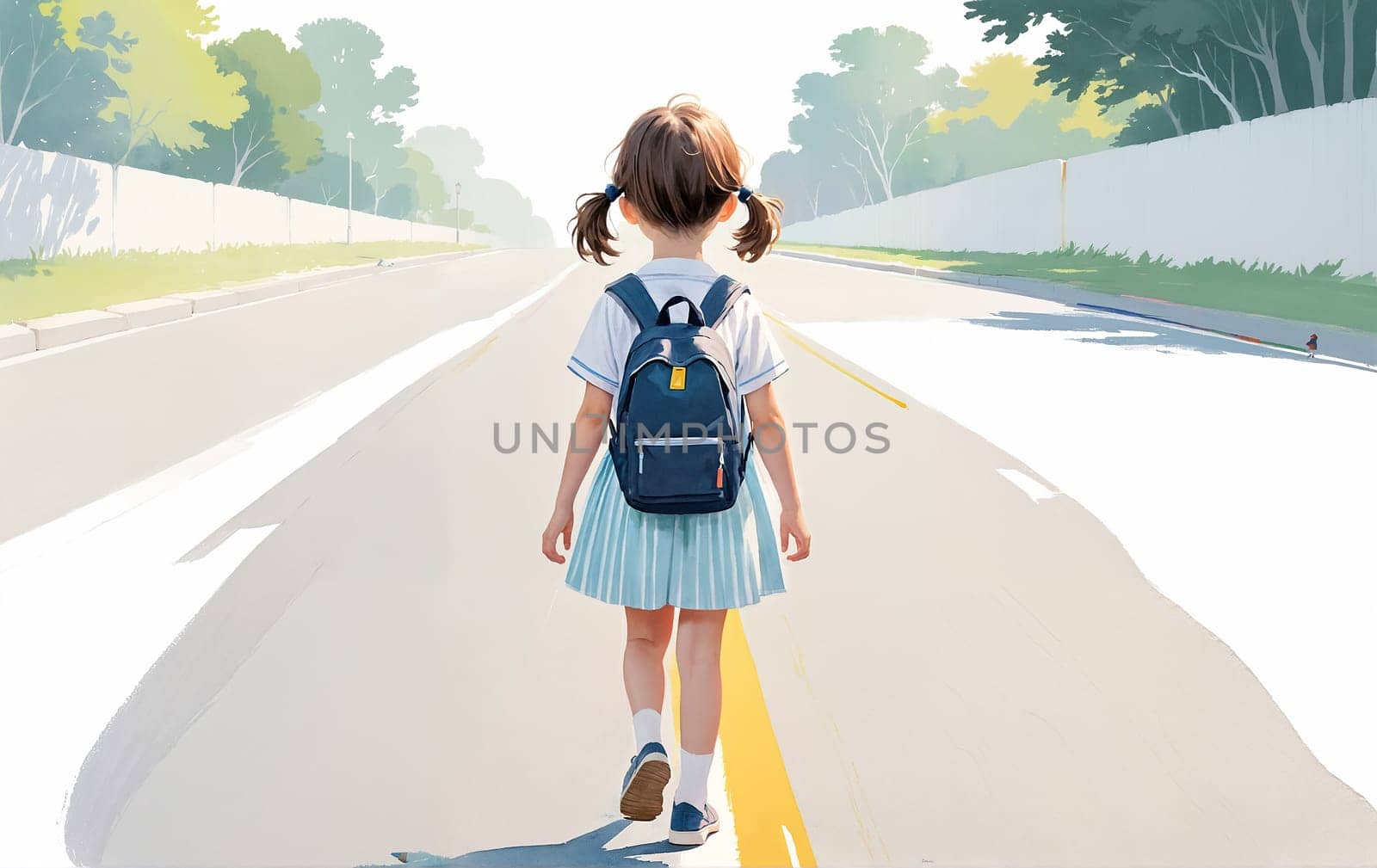 A young girl with pigtails walks down a road, carrying a blue backpack. She is wearing a light blue and white striped skirt and a white shirt. The road is empty - Generative AI