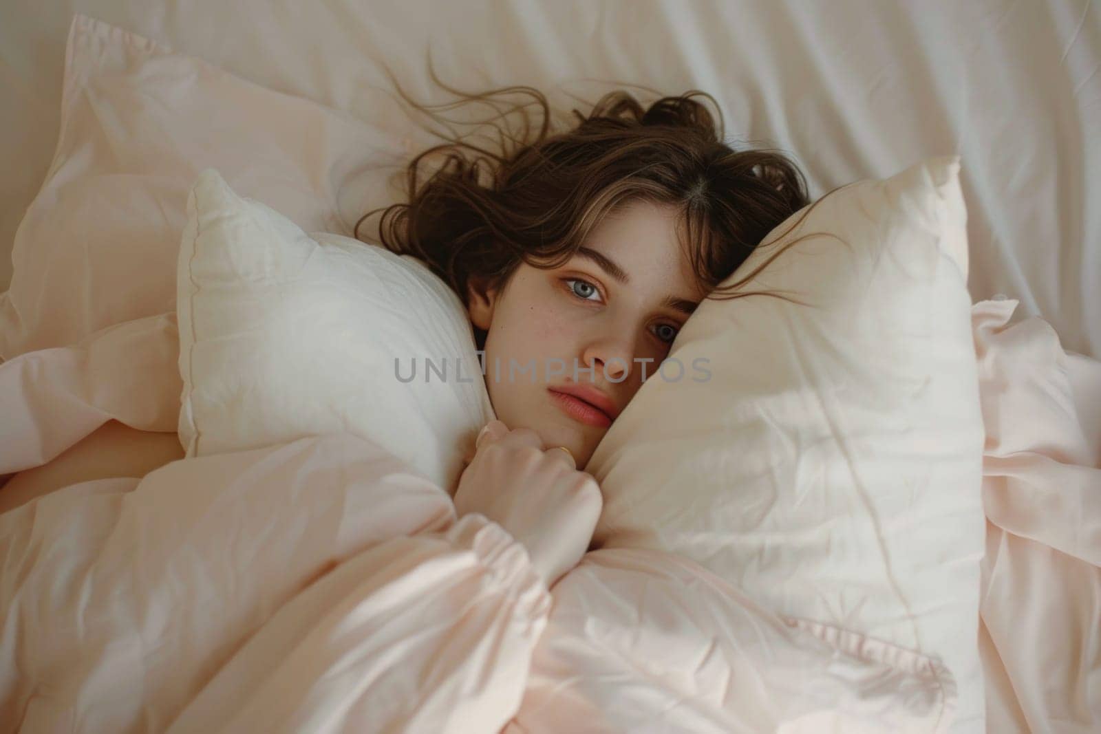 Young woman resting in bed with pillows, contemplative beauty in peaceful bedroom setting