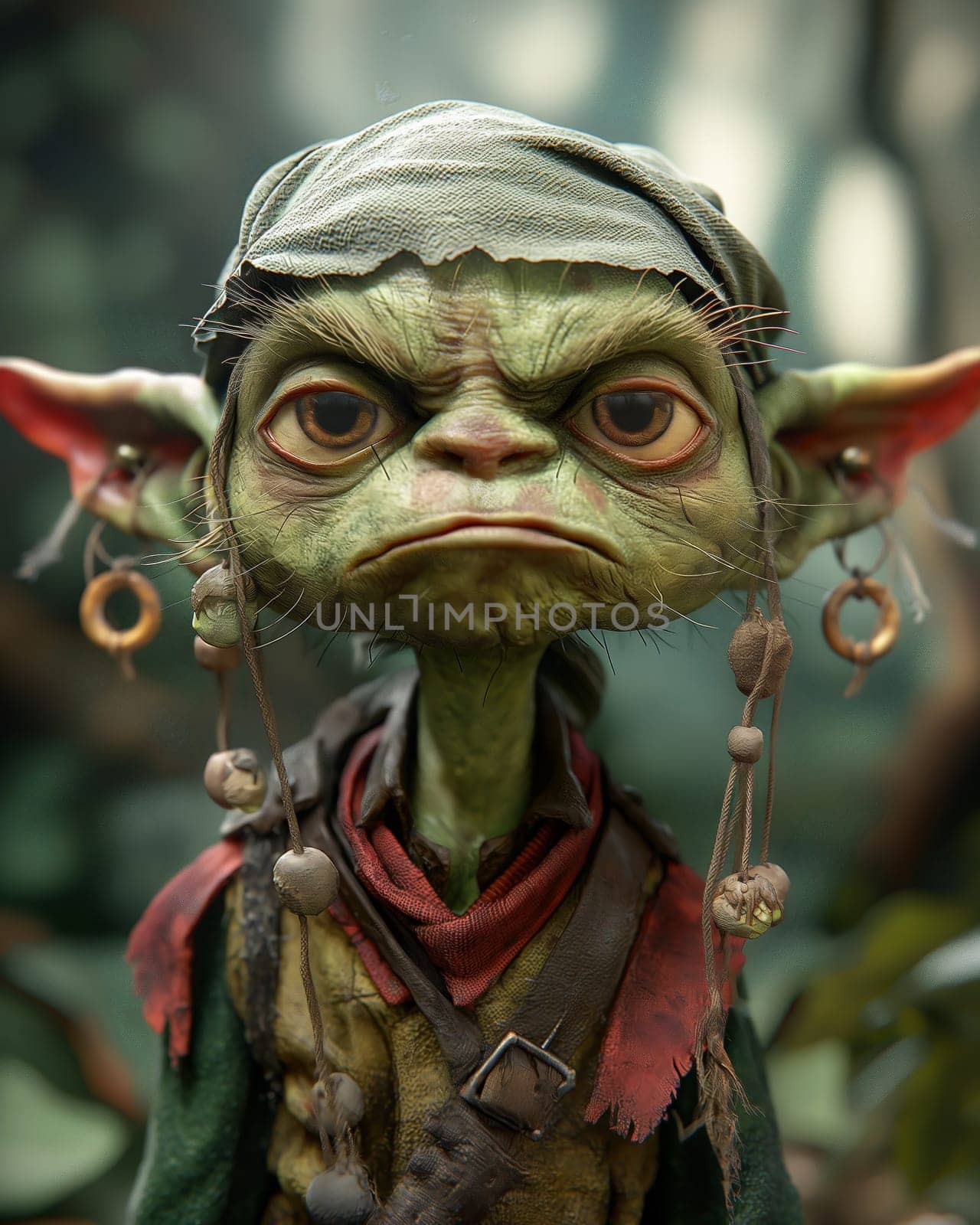 3D, cartoon goblin in the forest, close-up. Selective focus