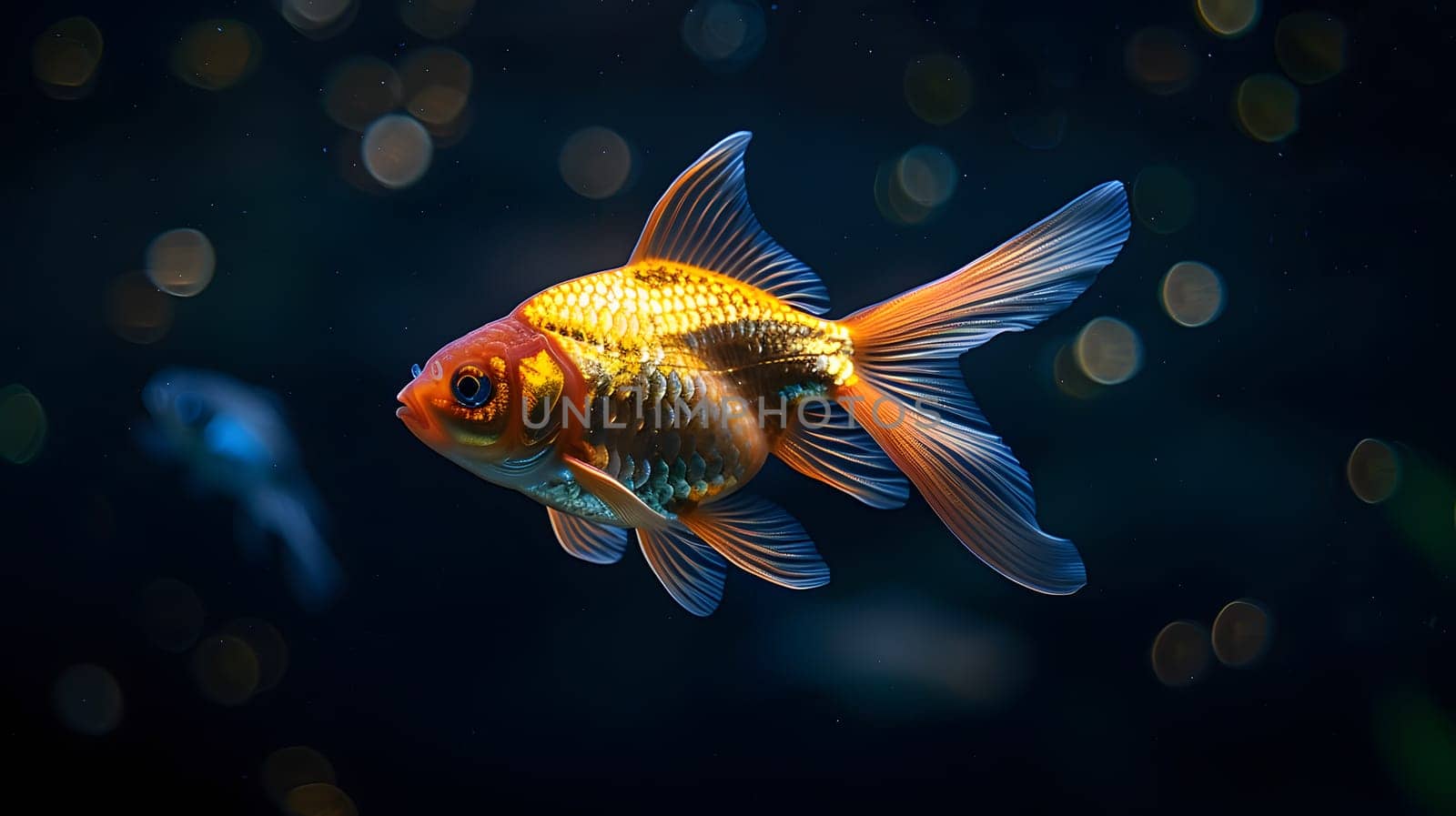 An electric blue goldfish with flowing tail fin swims gracefully in the dark, fluidfilled aquarium. A stunning example of rayfinned fish in marine biology