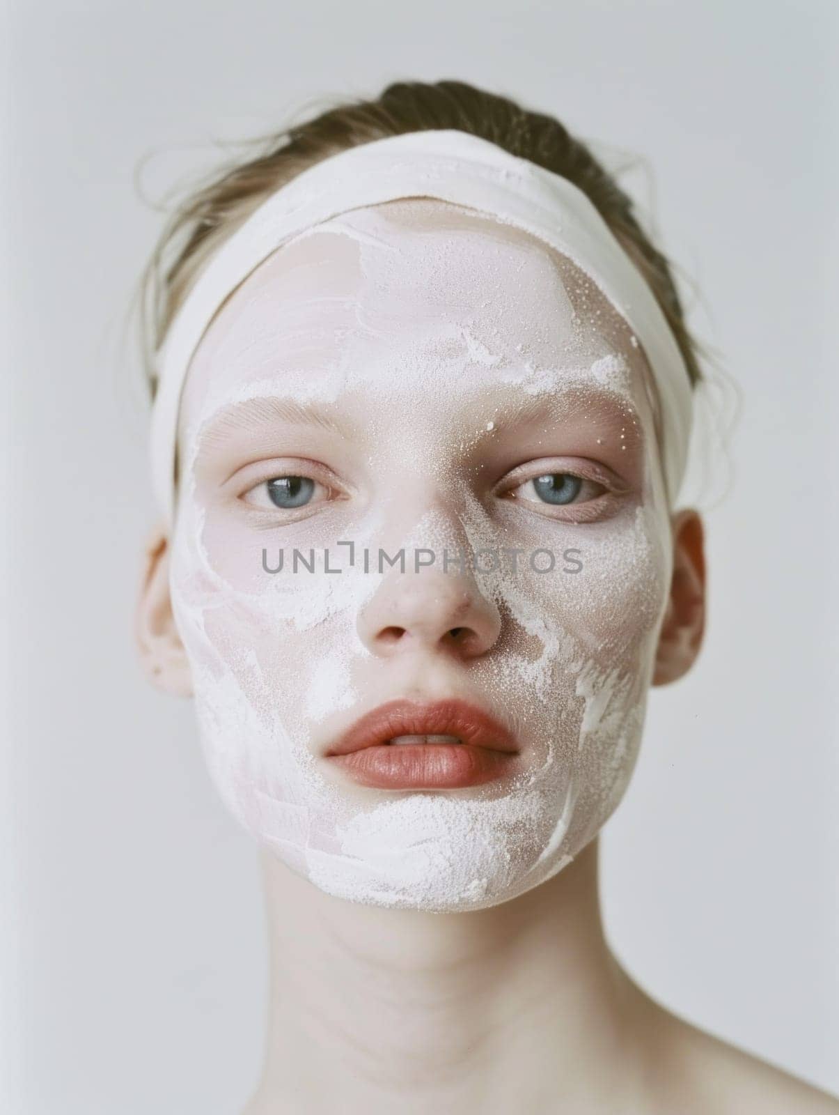 Woman wearing white face mask and towel around neck for relaxation and beauty treatment