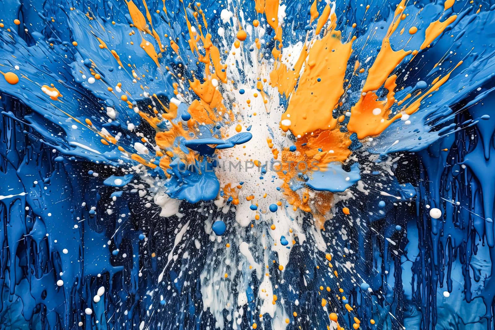 A painting of a splash of paint with blue and yellow colors. The painting has a lot of white and blue splatters, and the yellow and blue colors are very bright