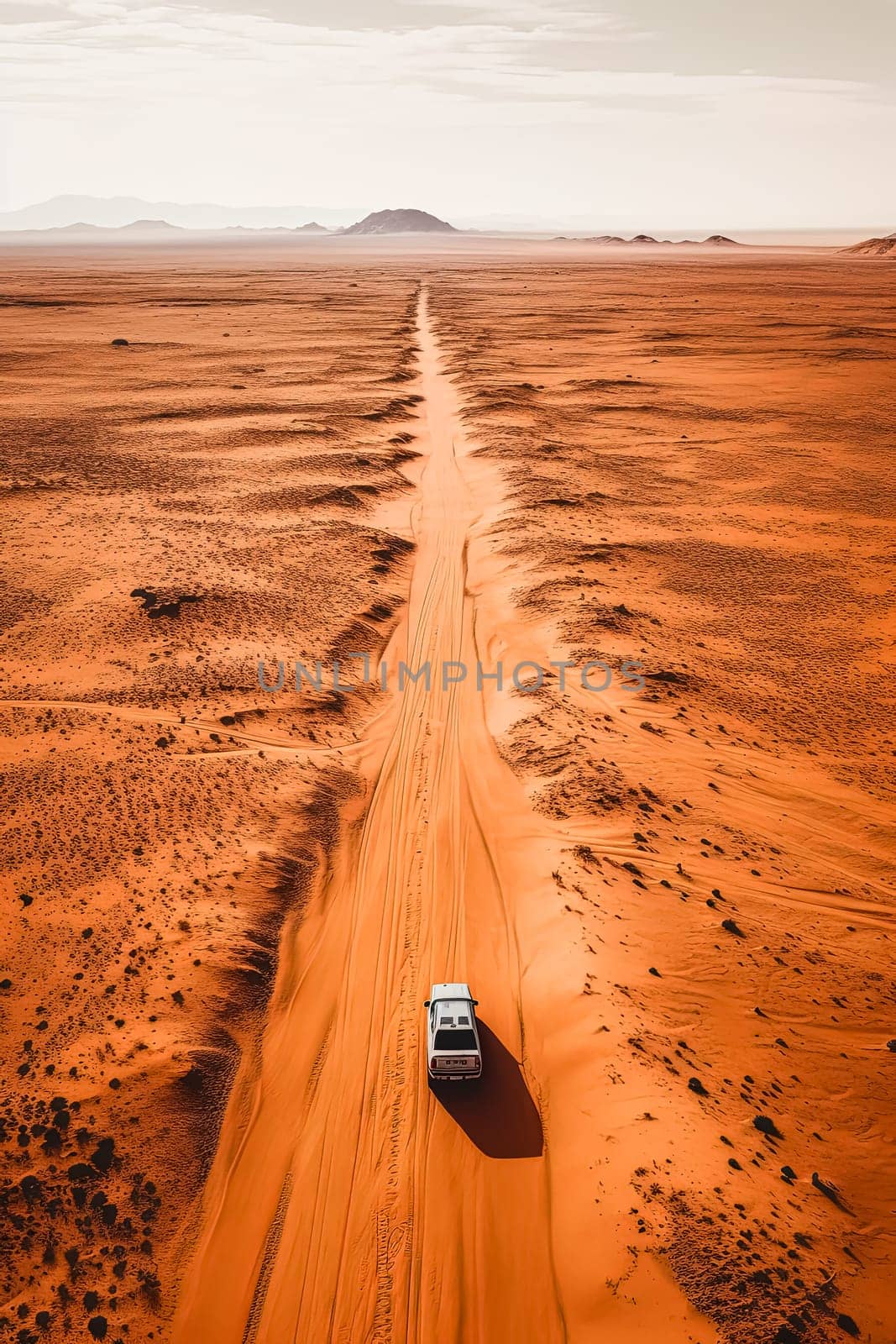 A white car is driving down a dirt road in a desert. by Alla_Morozova93