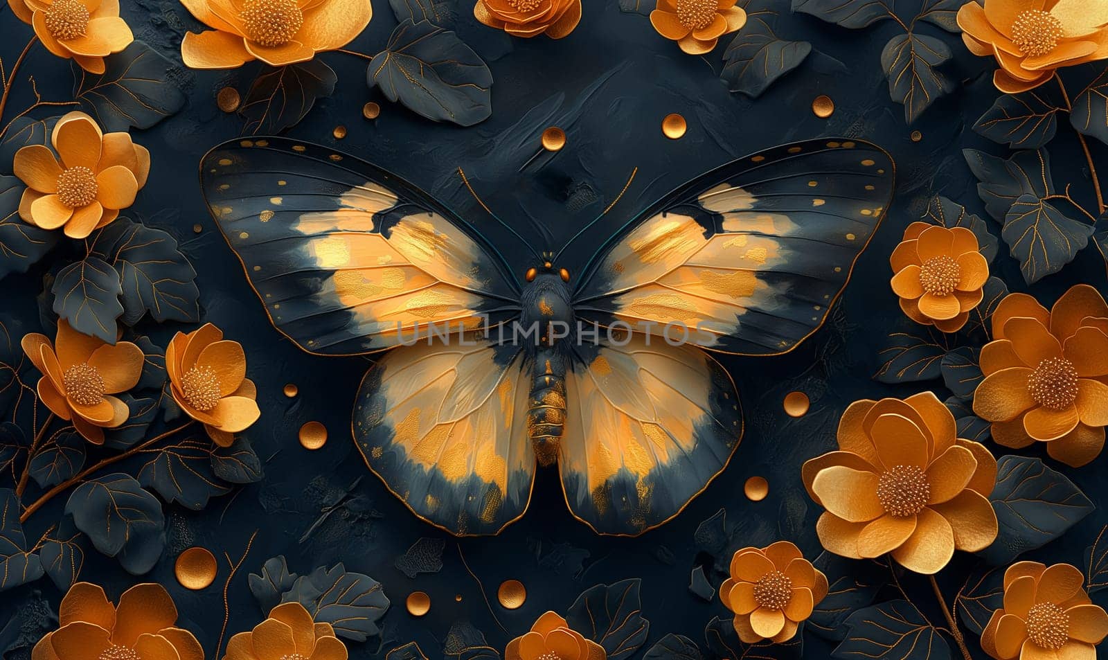 Blue-gold background with butterfly and flowers. Selective focus.