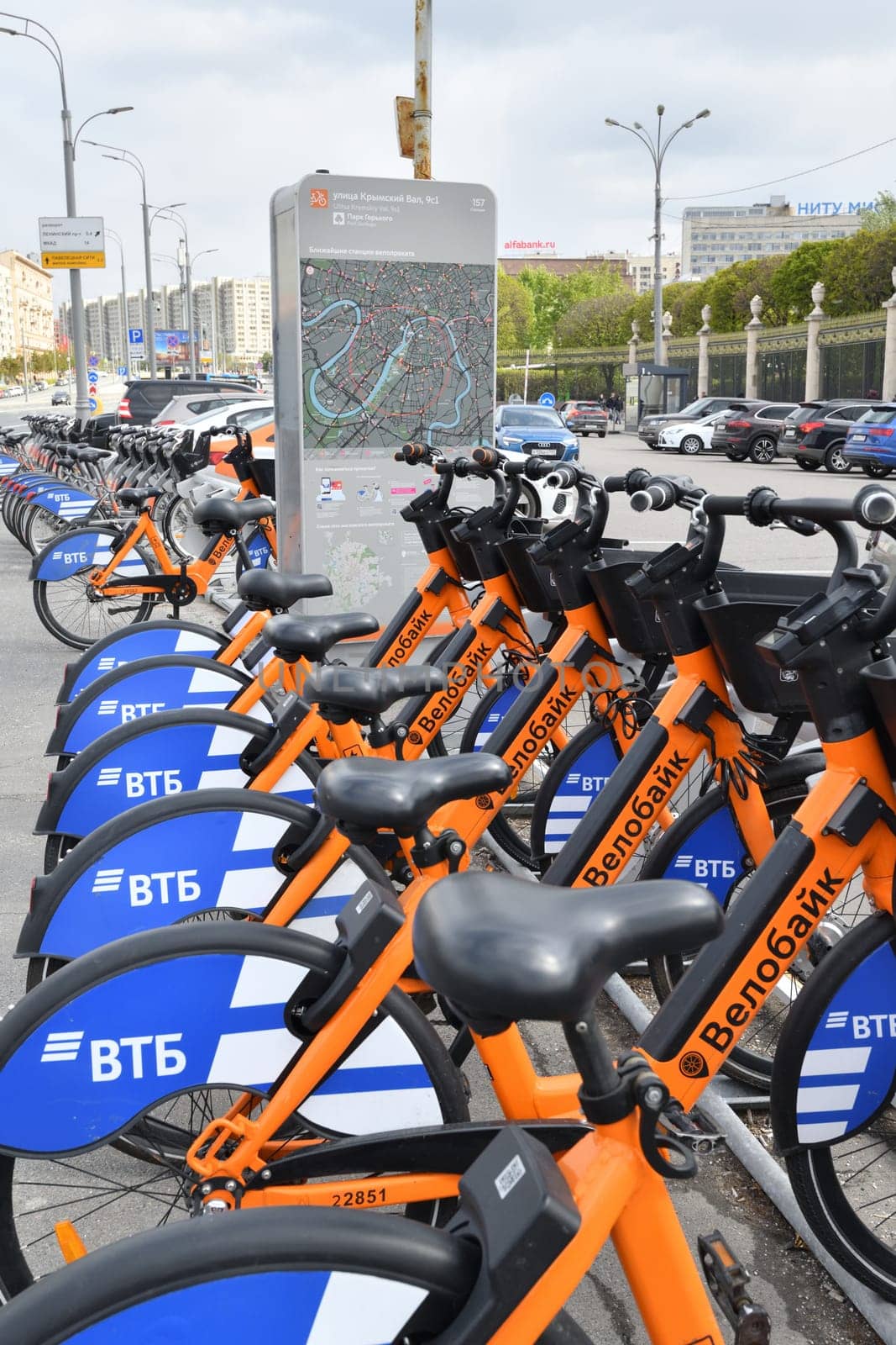 Moscow, Russia - May 9. 2024. Velobike - city bike rental with VTB Bank logo on Garden Ring street