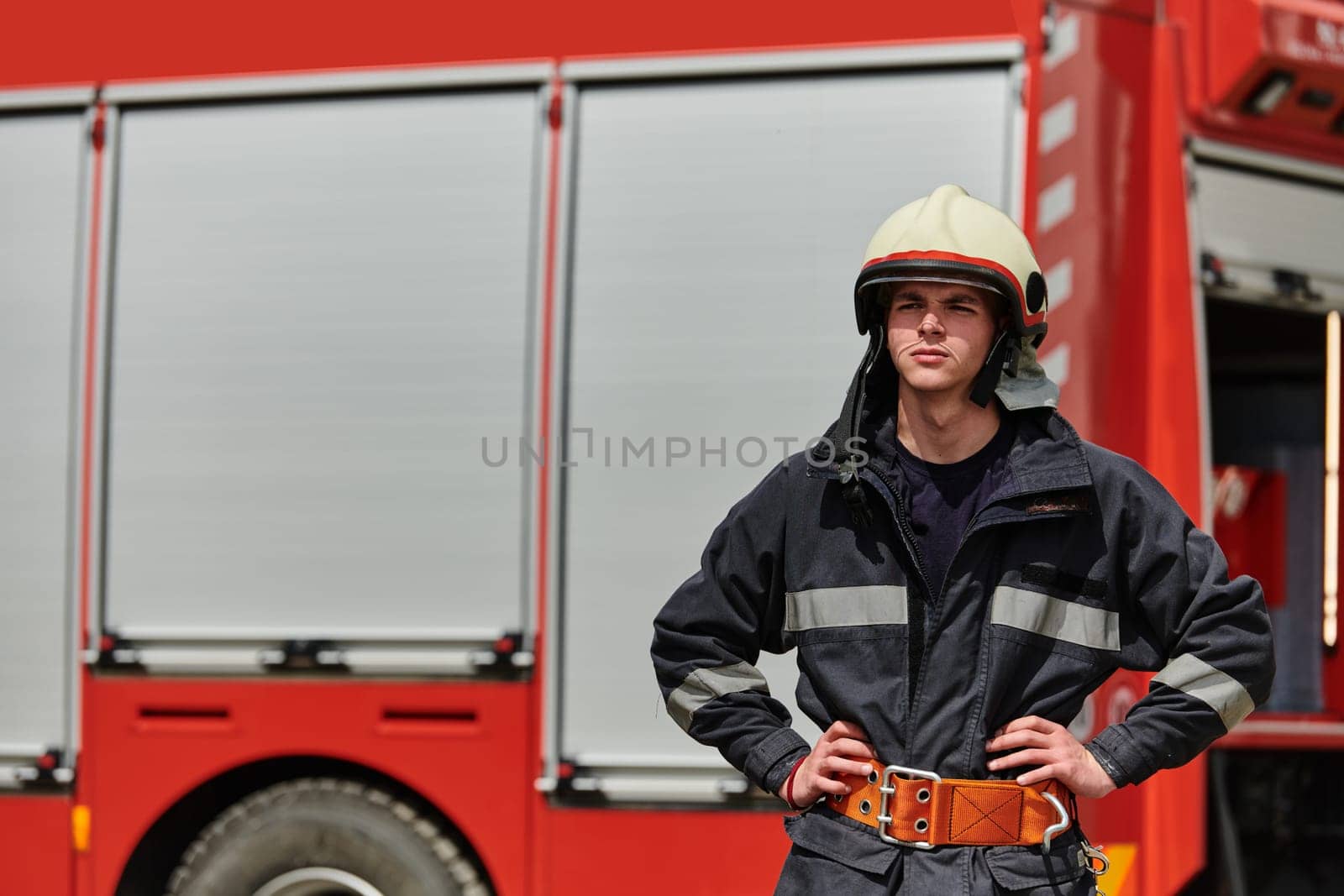A firefighter, adorned in professional gear, stands confidently beside a fire truck following a grueling firefighting training session
