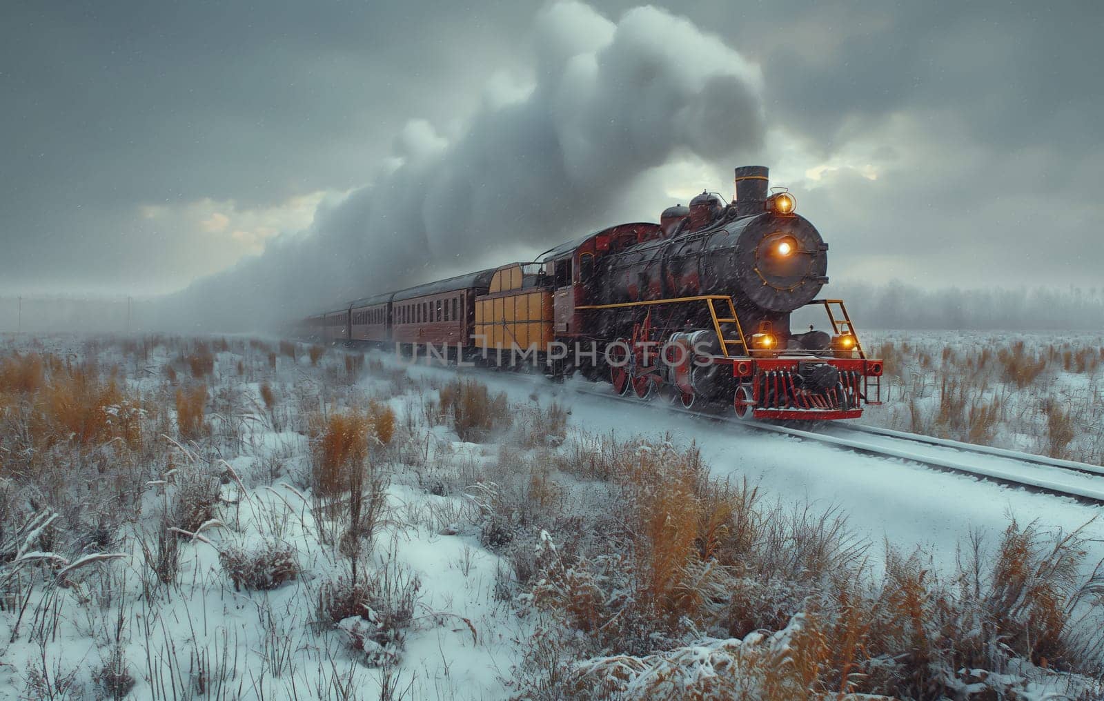 The locomotive rushes along snow-covered rails. Selective focus