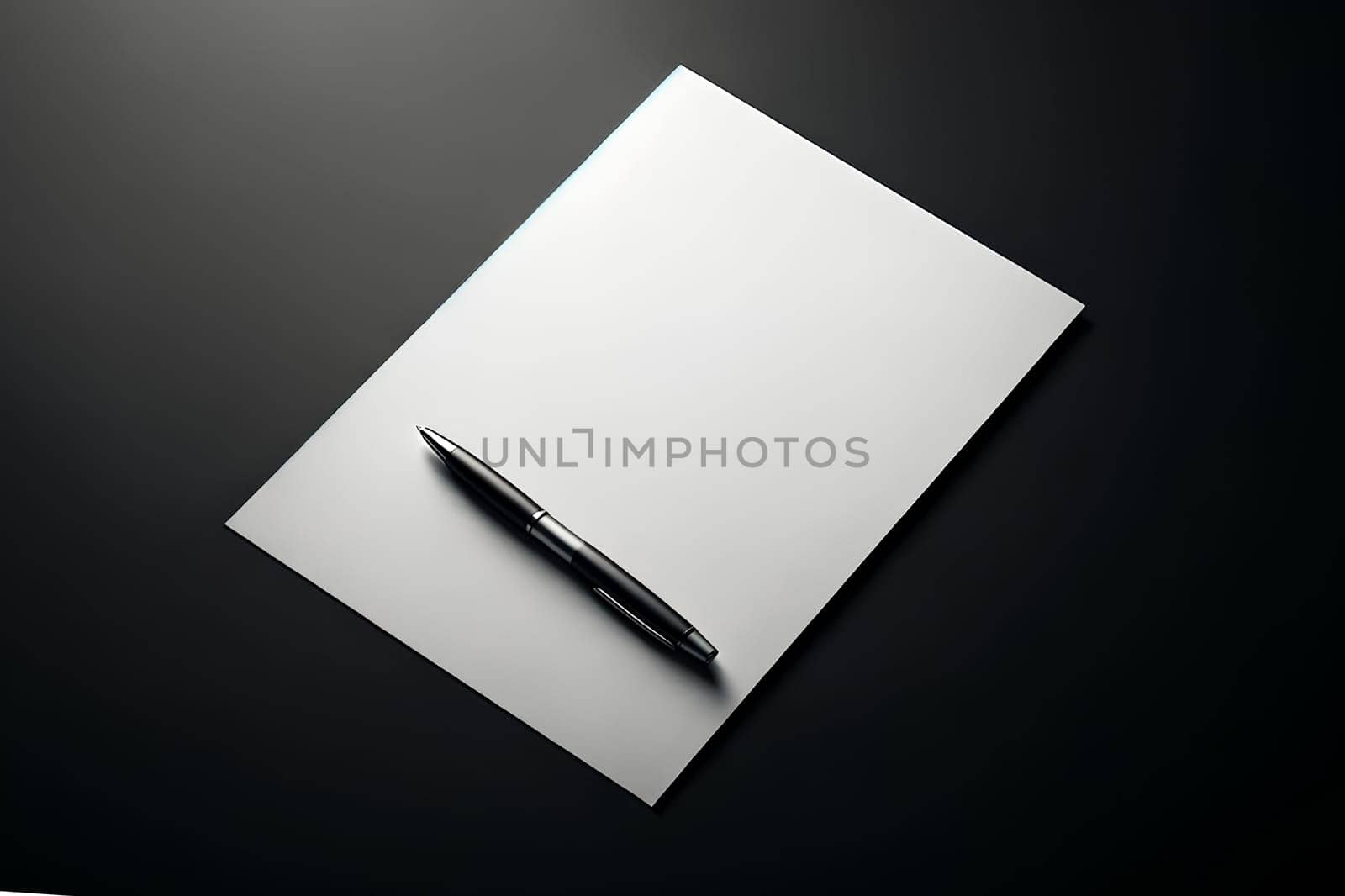 blank white sheet of paper with pen on black background, copy space