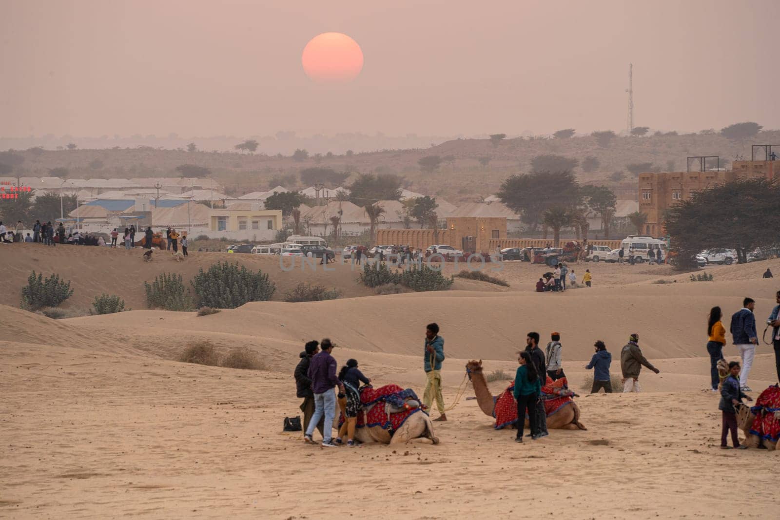Jaisalmer, Rajasthan, India - 25th Dec 2023: line of camels carrying people tourists at sunset across thar desert in jaisalmer rajasthan showing a popular tourist activity