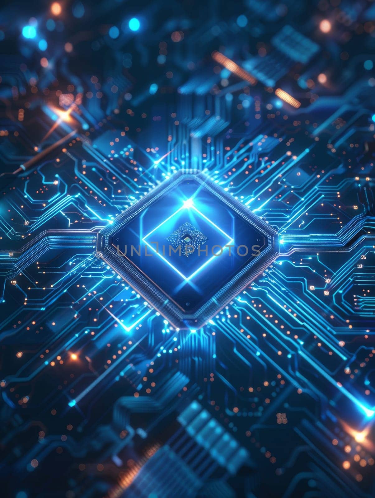 A close up of a computer chip with a blue and orange glow. futuristic technology background by itchaznong