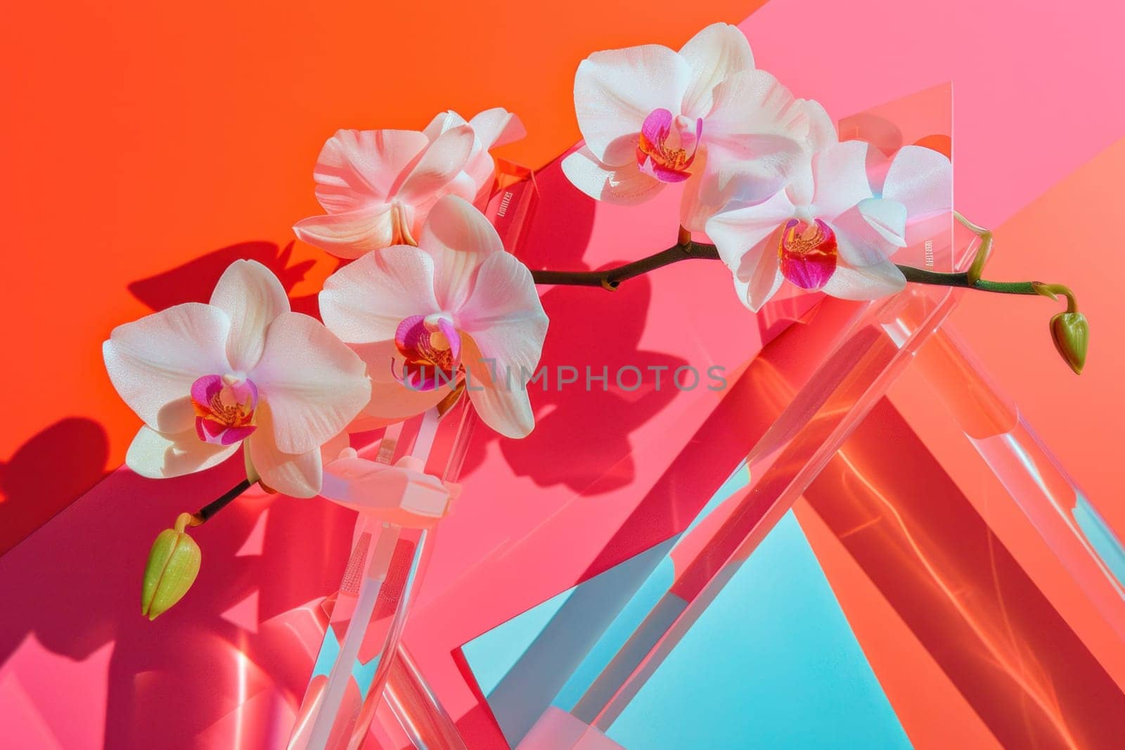 Exquisite white orchids in clear glass vase on vibrant orange and blue background for art and beauty theme