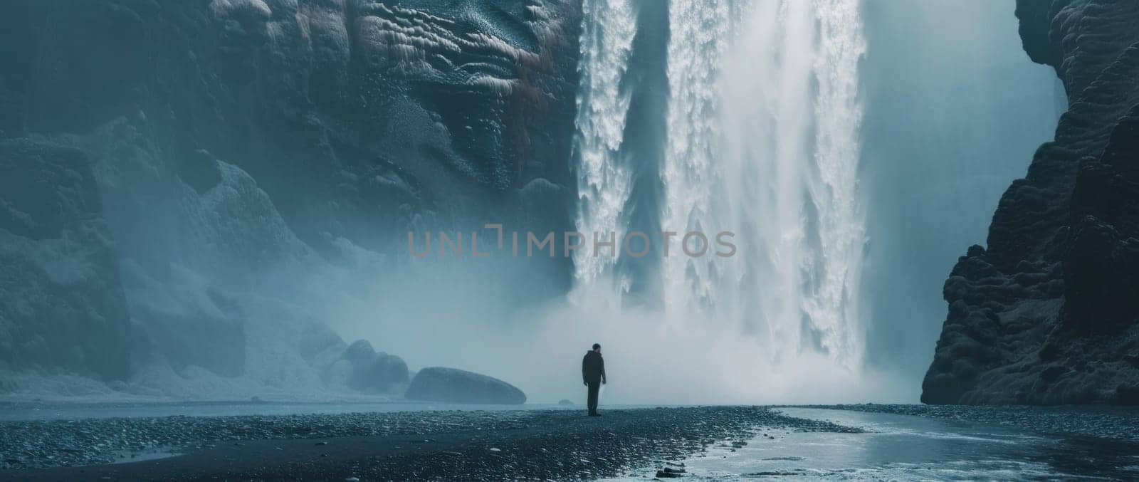 Adventurous man standing in front of majestic waterfall surrounded by nature and rocky terrain for travel and exploration concept by Vichizh
