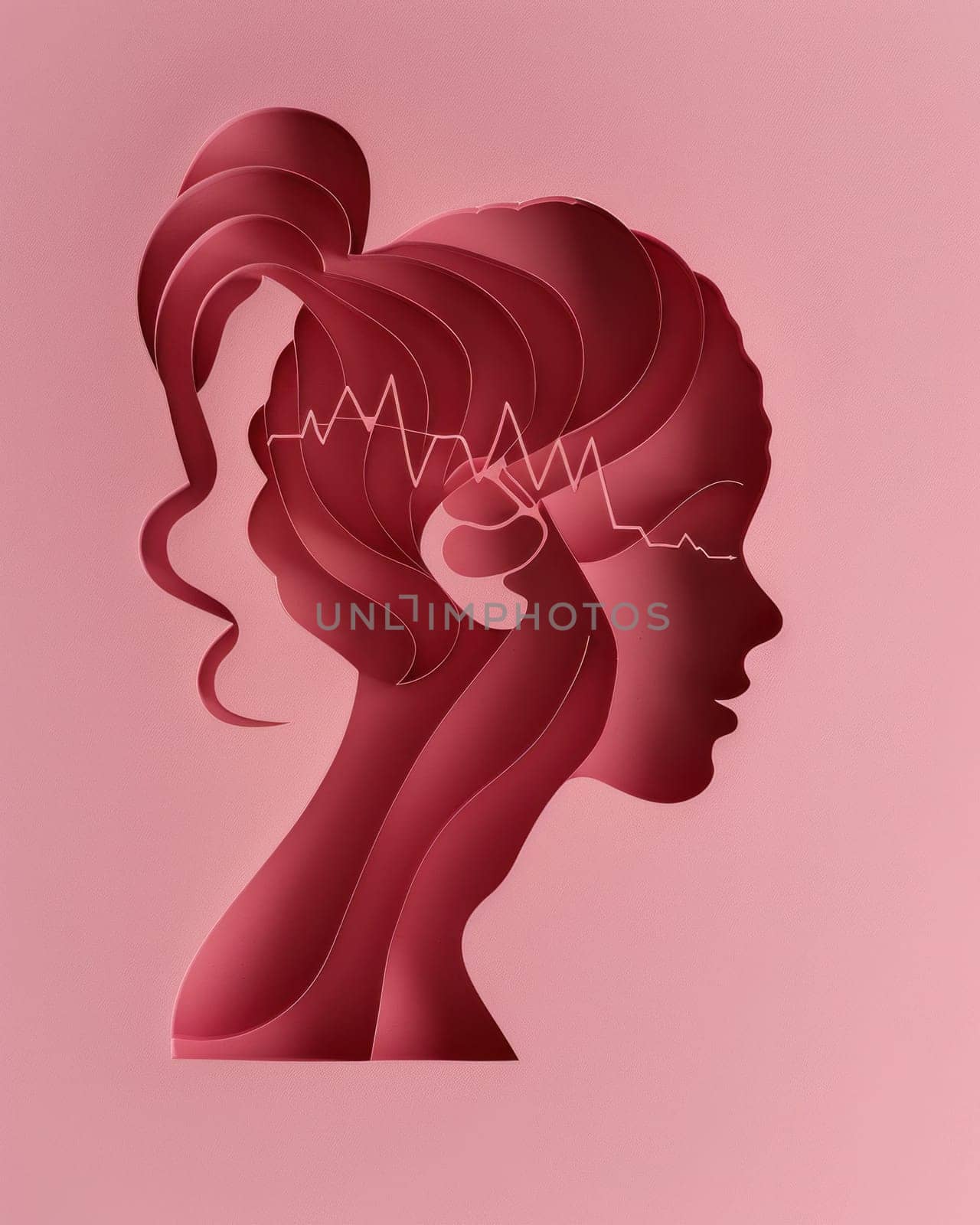 Woman's head with heartbeat line symbolizing mental health awareness and emotional resilience in medical illustration
