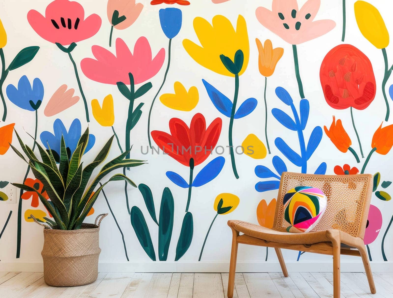 Colorful floral wall mural in room with chair and plant beauty and tranquility in interior design concept