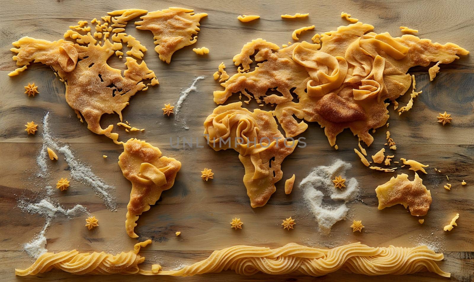 World map made from pasta. Selective focus.