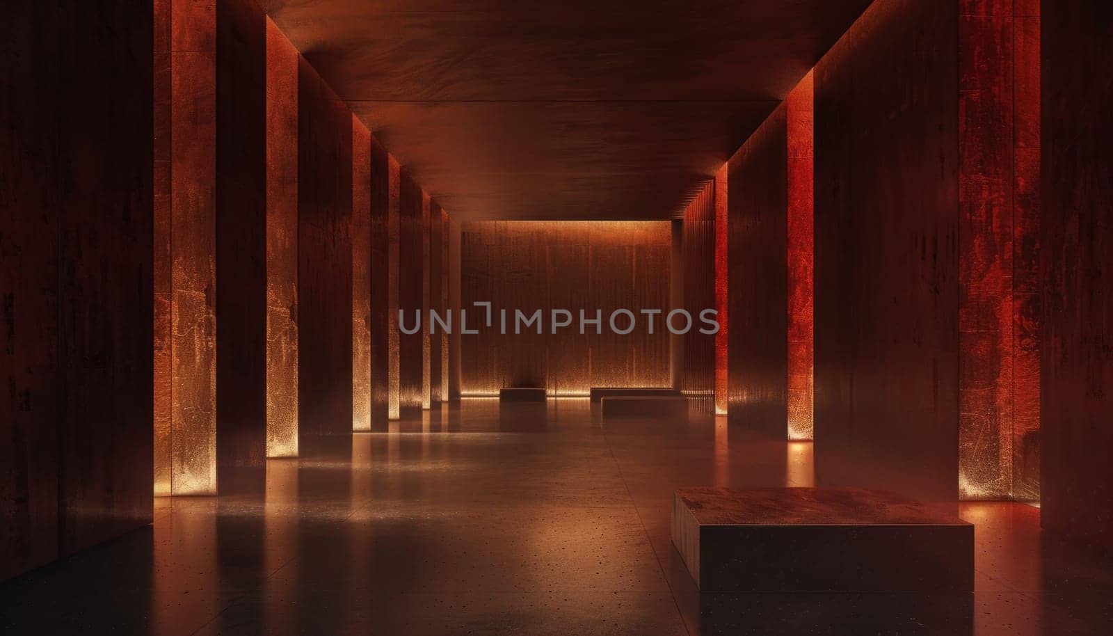 Mysterious hallway with red lights and bench in the middle urban exploration and adventure concept