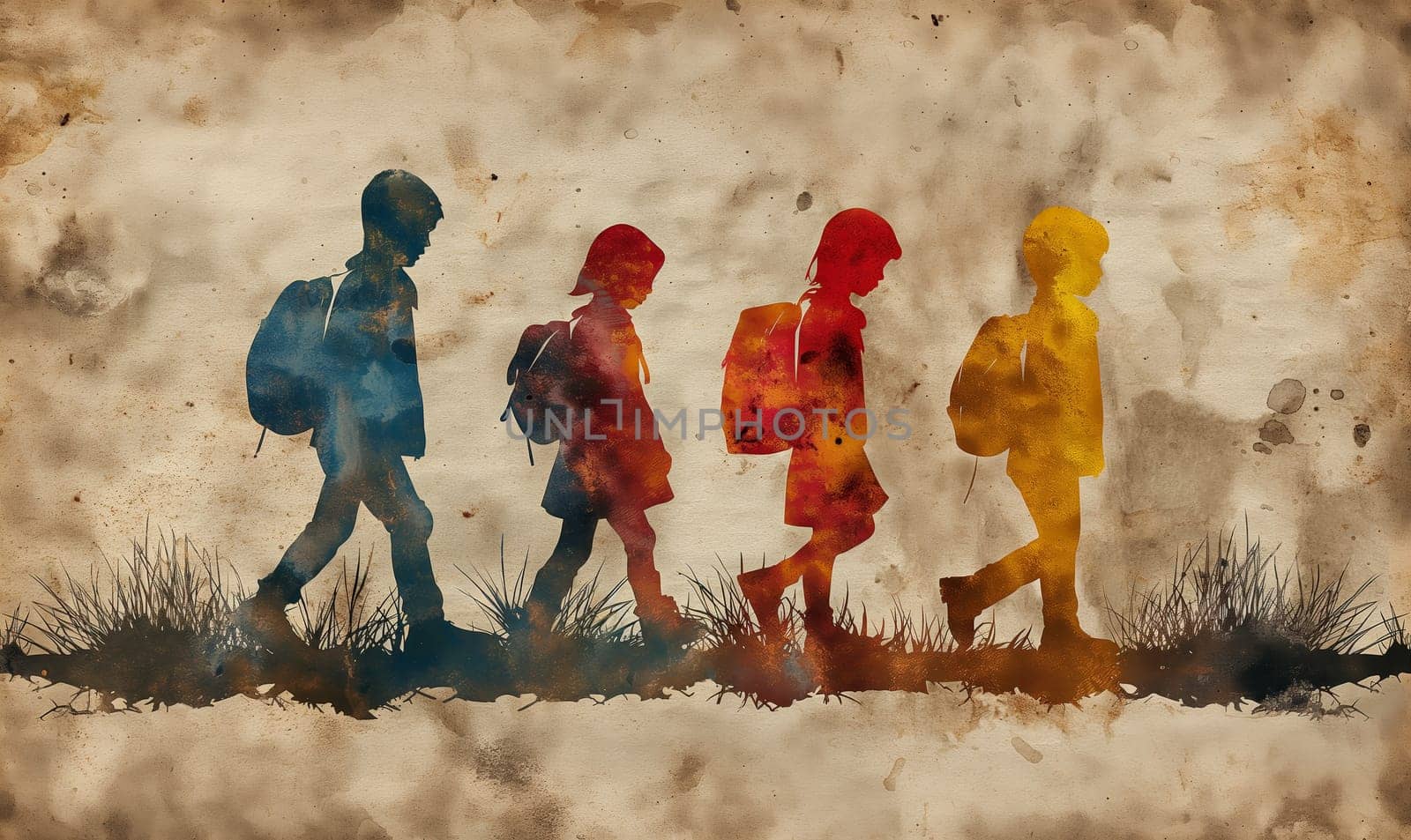 Watercolor illustration, children walking on a beige background. by Fischeron