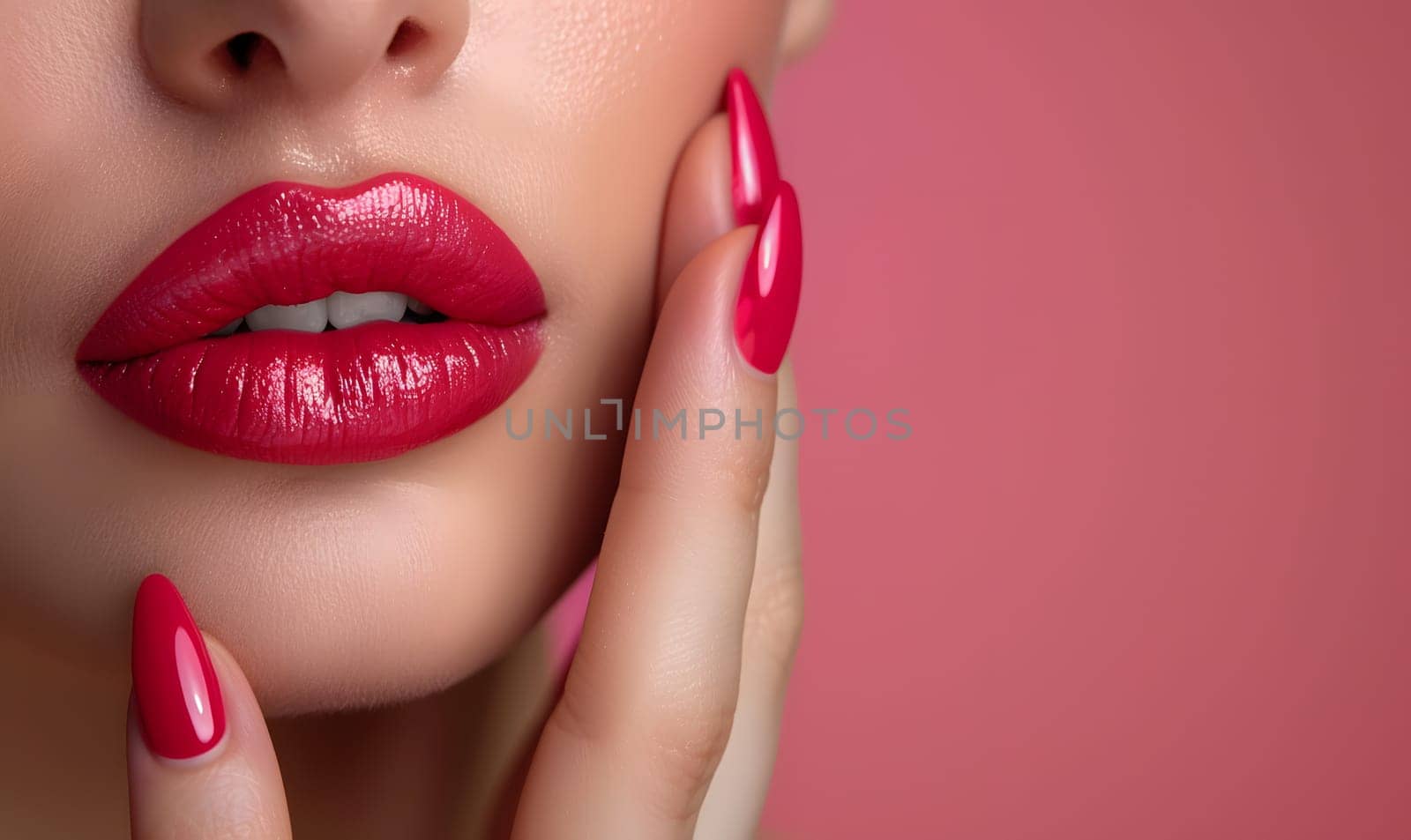Closeup of a womans face showcasing red lipstick, nails, and perfectly applied cosmetics. Her happy expression highlights her bright red lips, defined eyelashes, and flawless eye makeup
