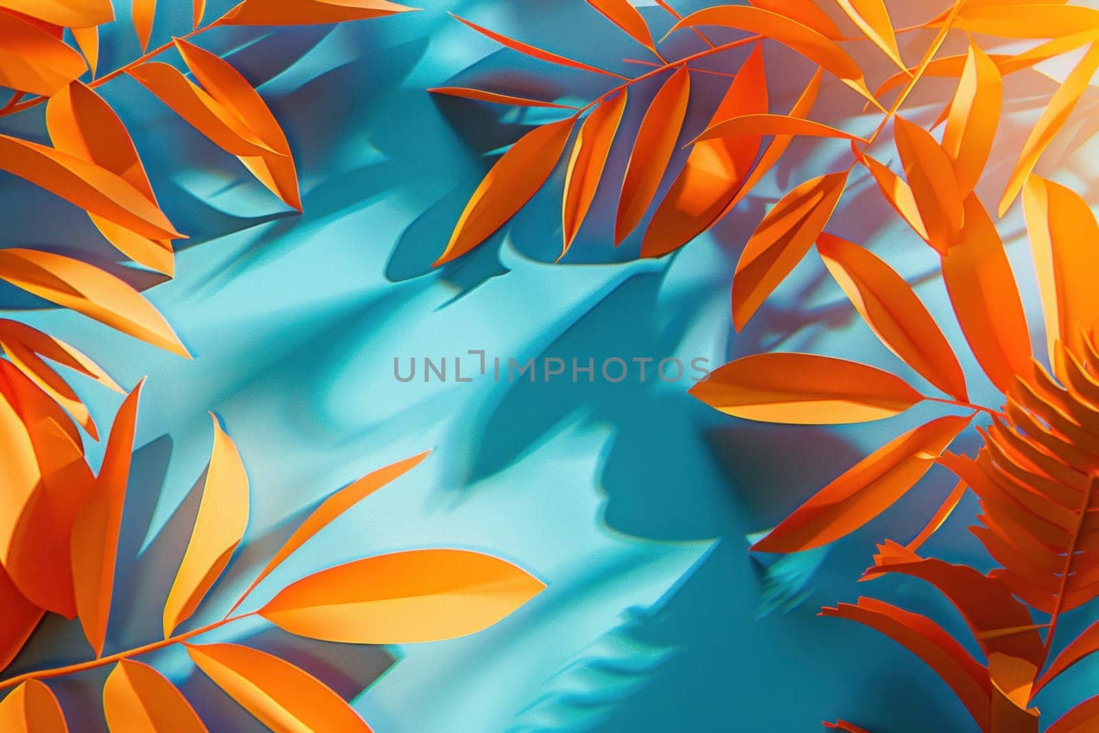 Tropical leaves on a blue background, 3d illustration of exotic beauty and nature for travel and fashion concept