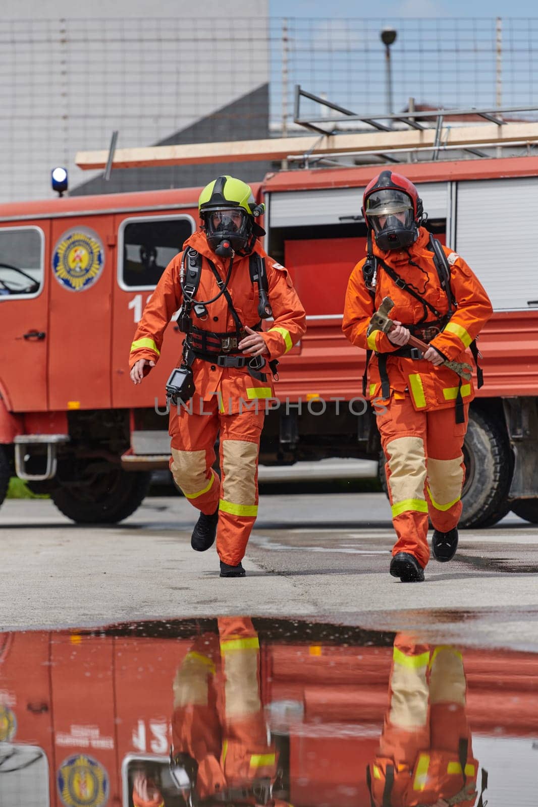 A team of confident and accomplished firefighters strides purposefully in their uniforms, exuding pride and satisfaction after successfully completing a challenging firefighting mission by dotshock