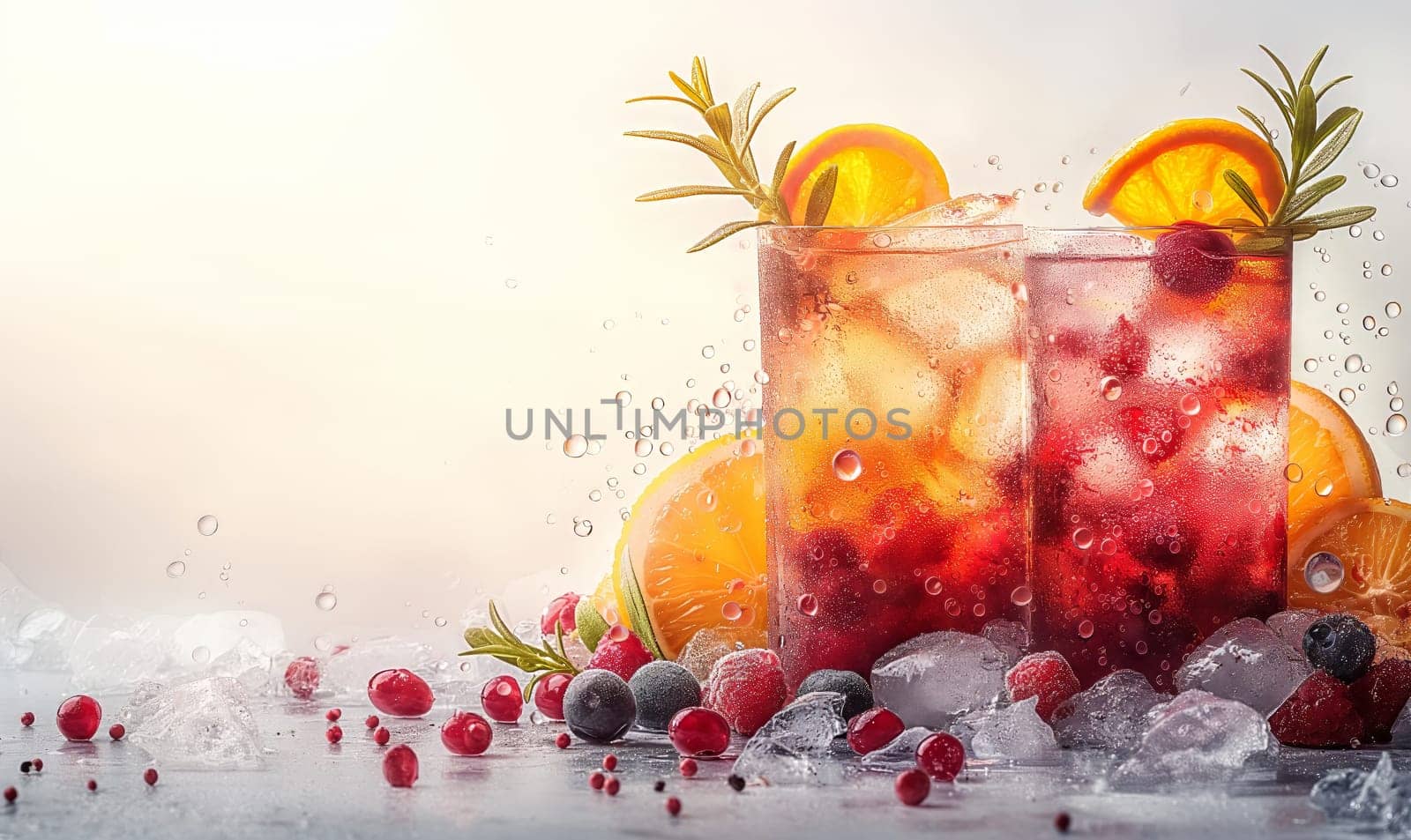 Drinks with ice and fruits on a white background. Selective focus.