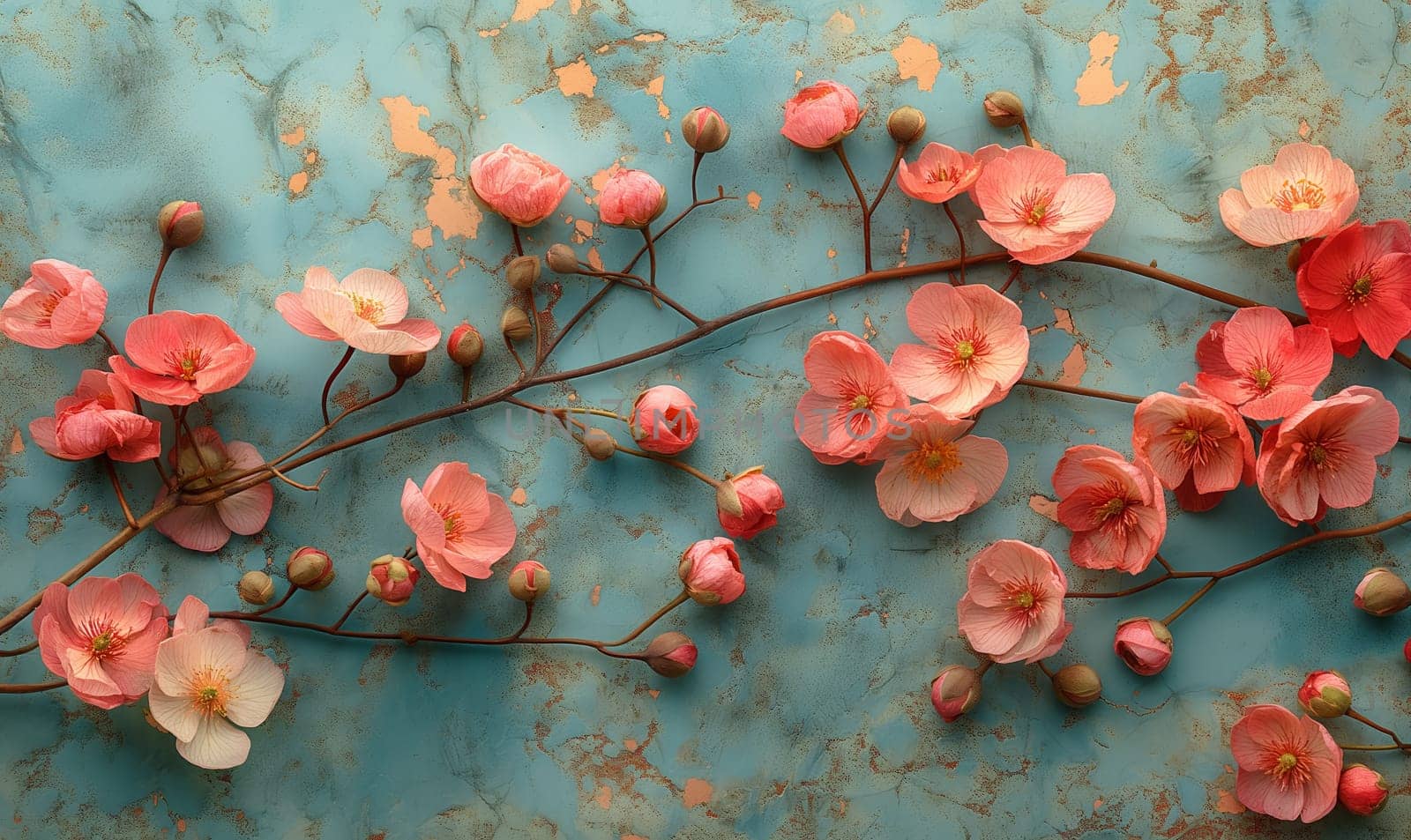 Branch with pink flowers on a texture background. Selective focus.