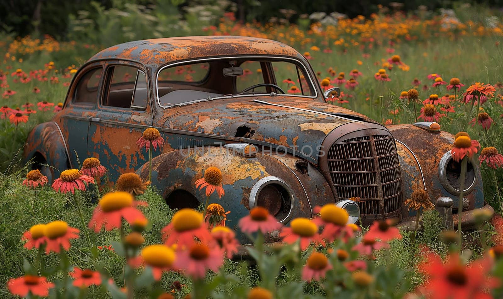 An old red car in a field surrounded by flowers. Selective focus