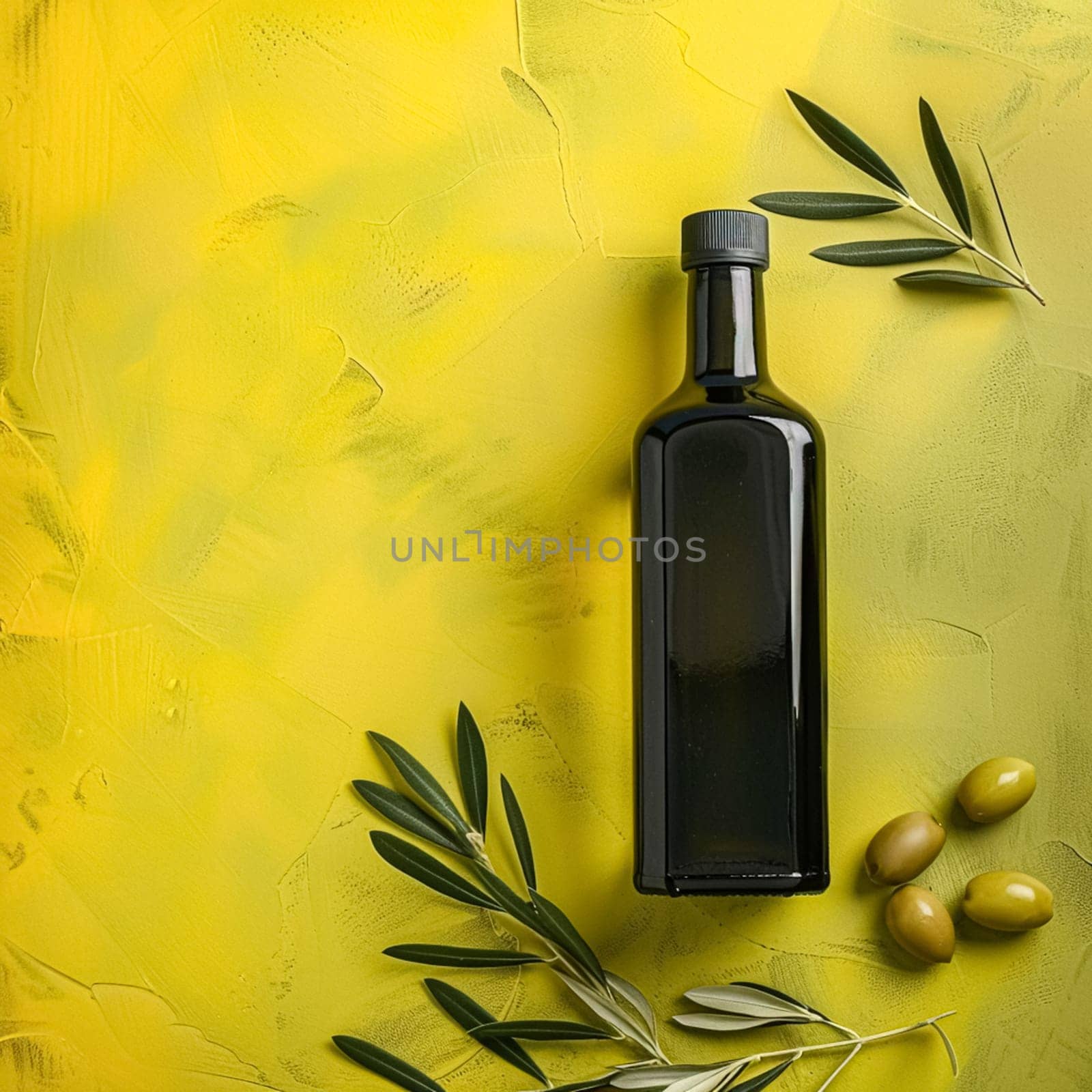 Olive oil bottle ad background with copyspace, vegetable oil commercial produce, food industry and retail by Anneleven