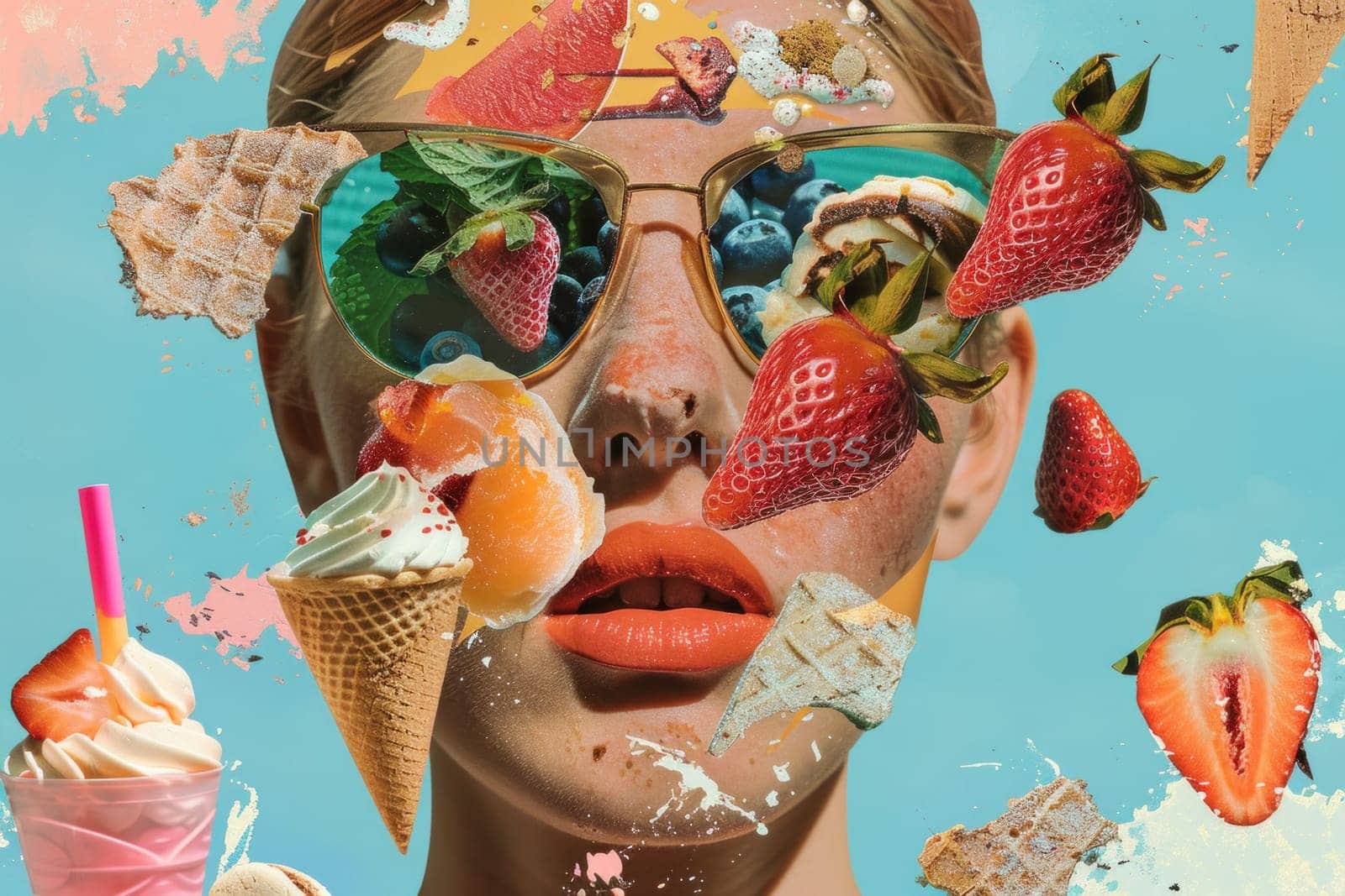 Summer vibes woman with sunglasses enjoying ice cream and strawberries in a delicious picnic setting