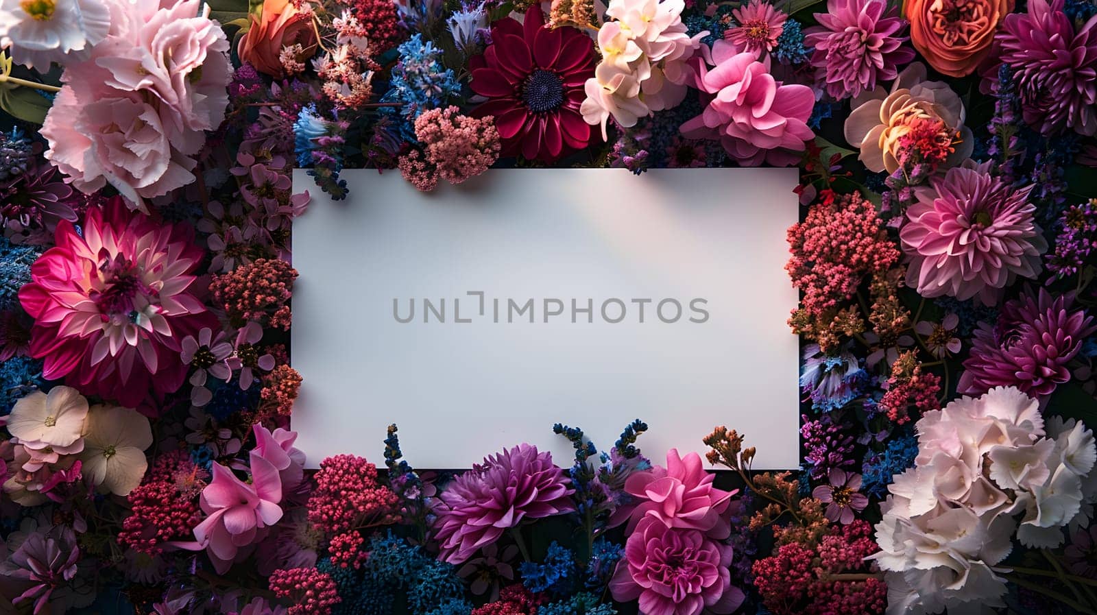 A white card is elegantly framed by vibrant flowers in shades of purple, pink, and magenta. The colorful display creates a beautiful contrast in a creative arts event