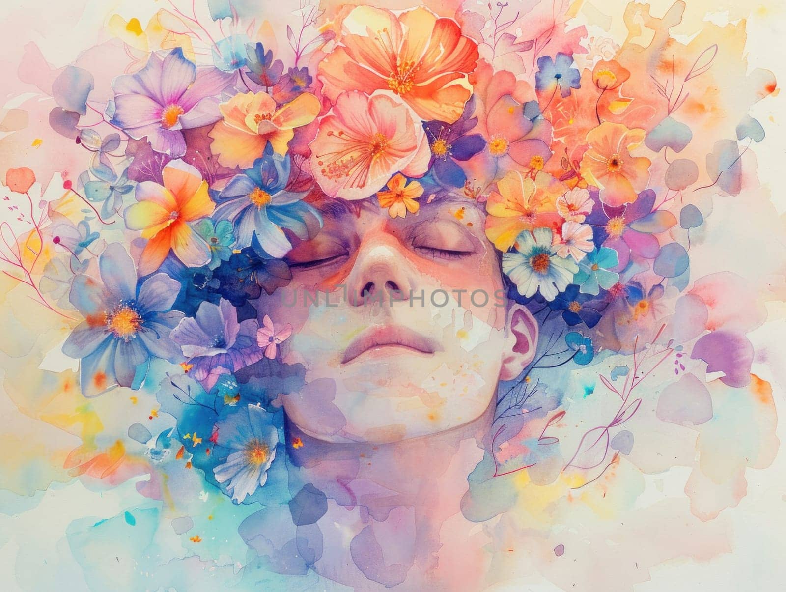 Woman with flowers in watercolor portrait with closed eyes and beauty fashion art theme