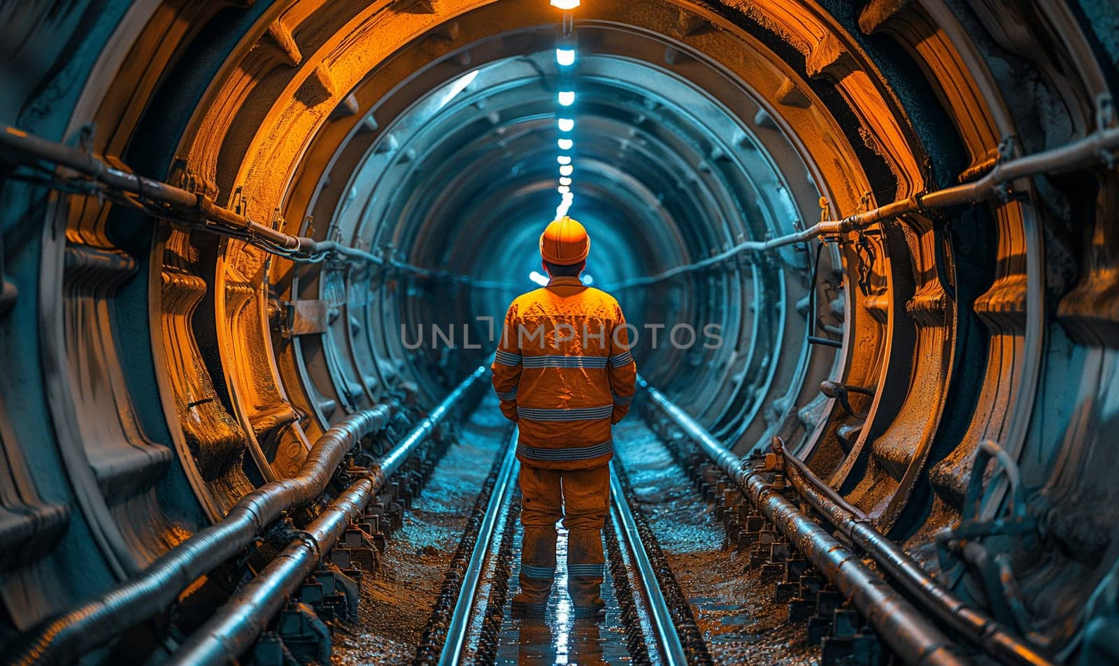 A worker in a hard hat walks through a tunnel. Selective soft focus.