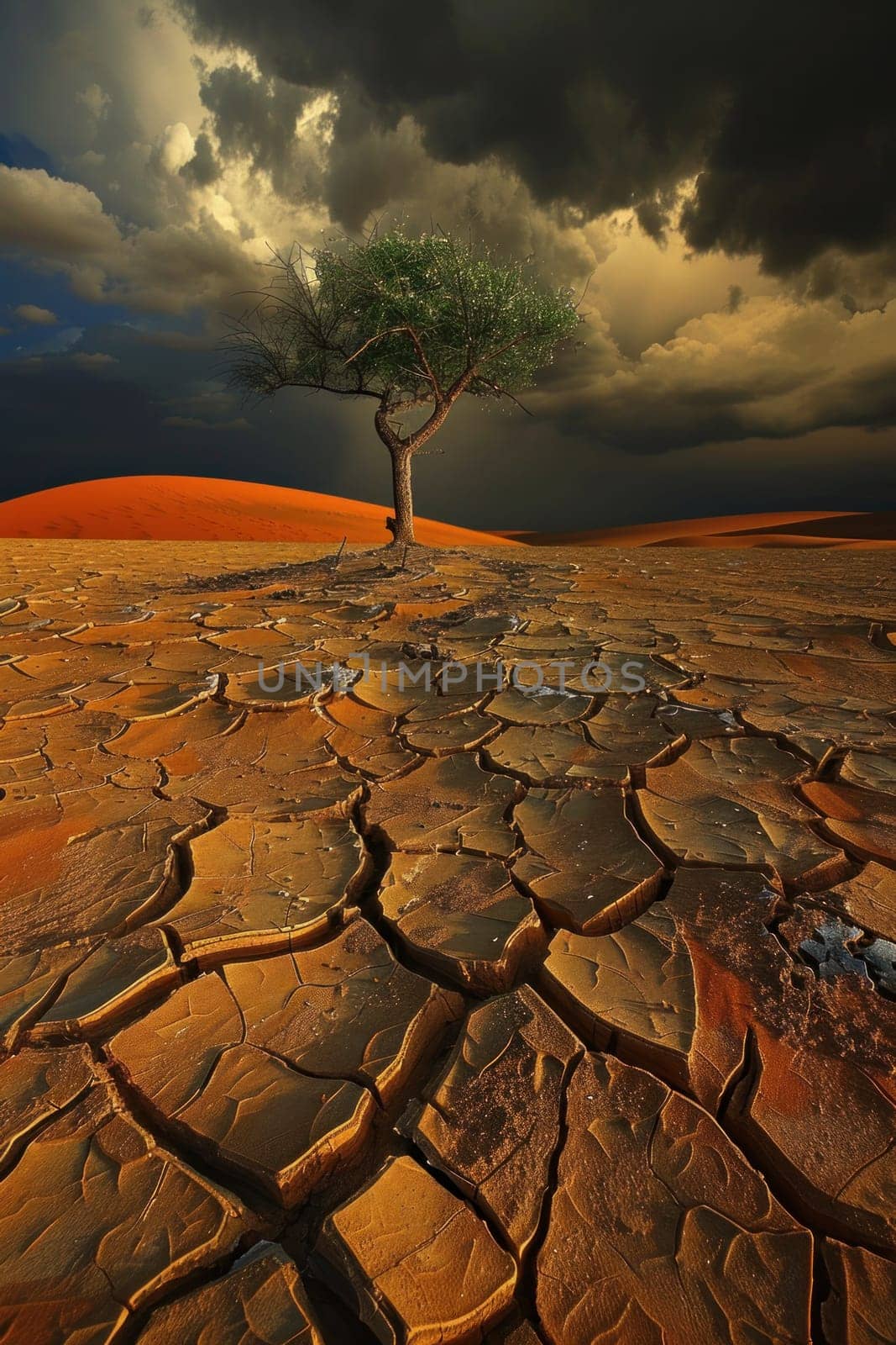 Lonely tree in arid landscape with storm clouds serene beauty of nature travel and adventure concept