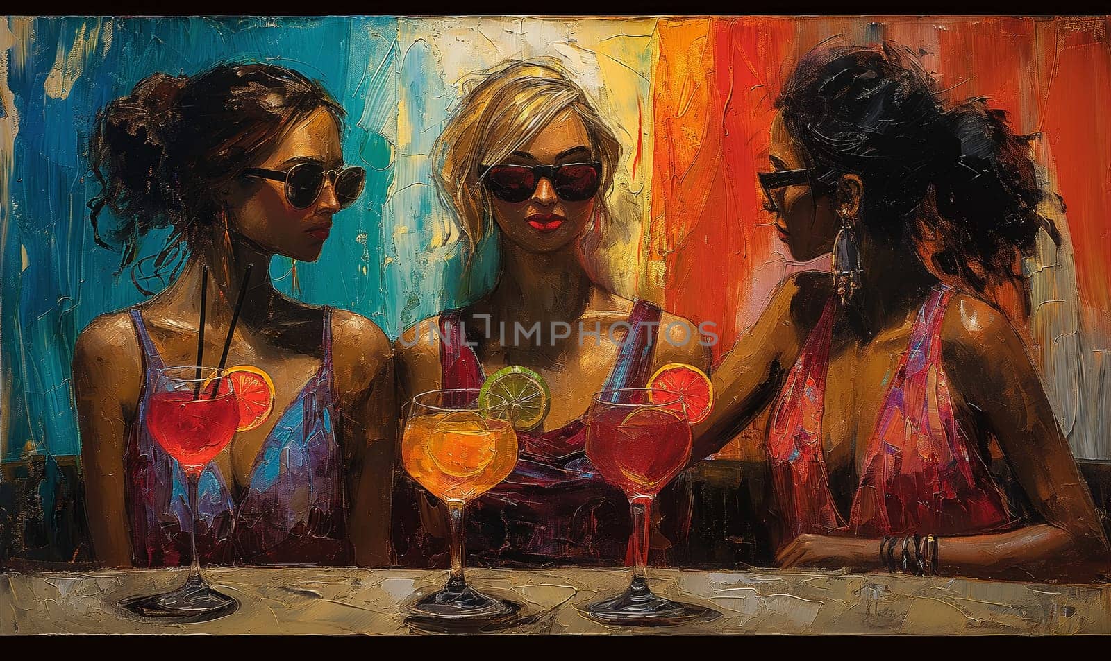 Three Women Sitting at Table With Drinks. Selective focus.