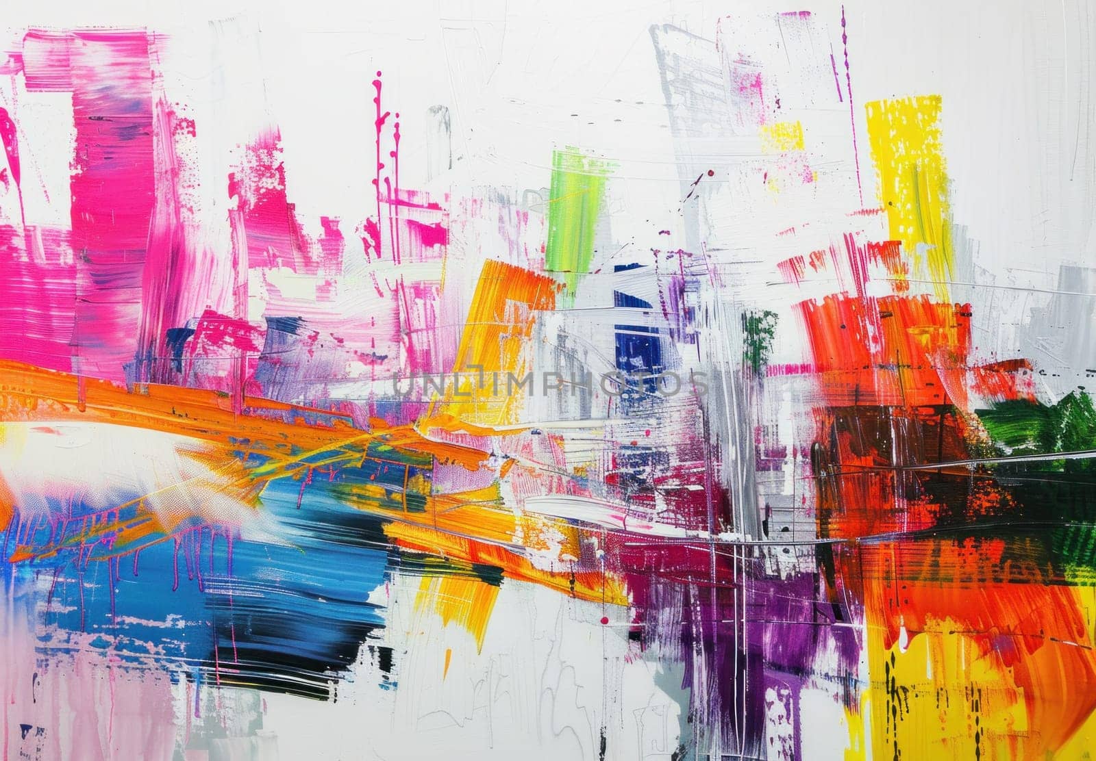 Colorful abstract painting of a vibrant cityscape with bright red, yellow, green, and blue shades inspired by urban life