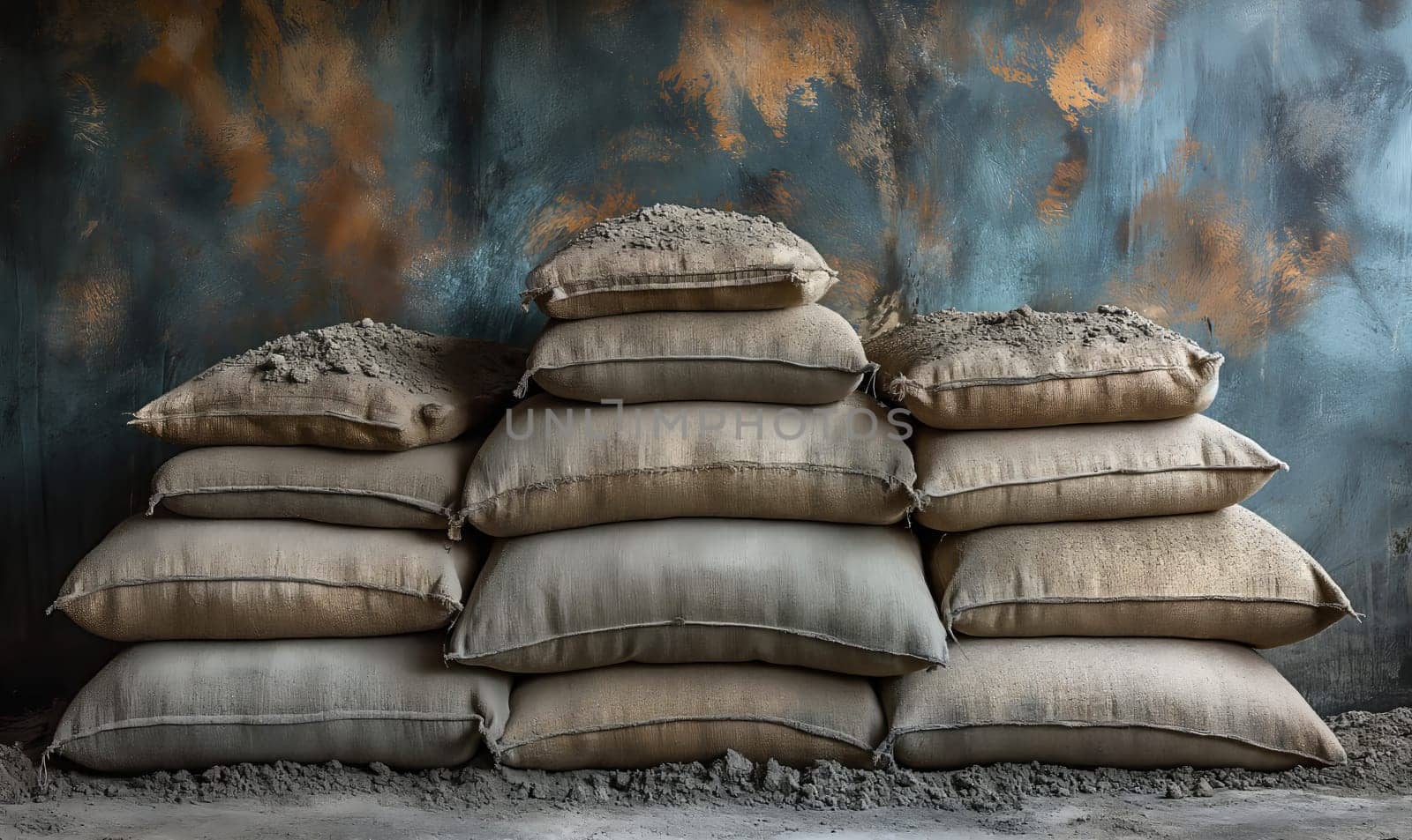 Bags of cement are stored indoors. Selective soft focus.