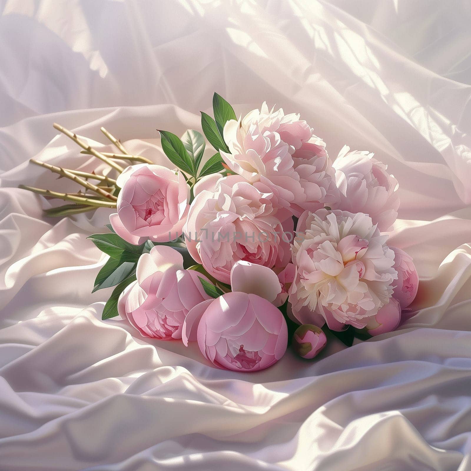 A bouquet of white peonies lying on the bed in the morning. High quality illustration