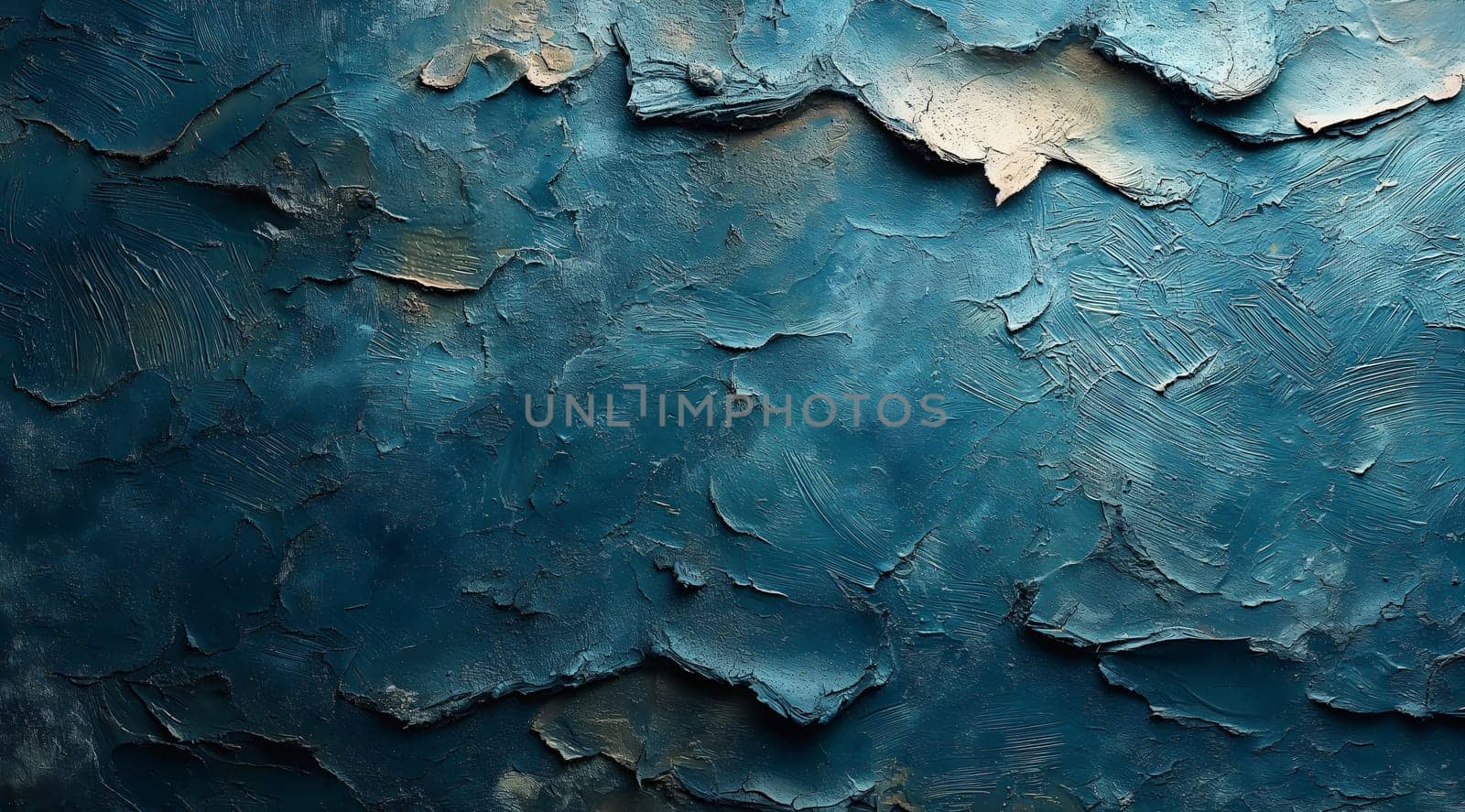 A weathered blue wall with peeling paint. Selective focus