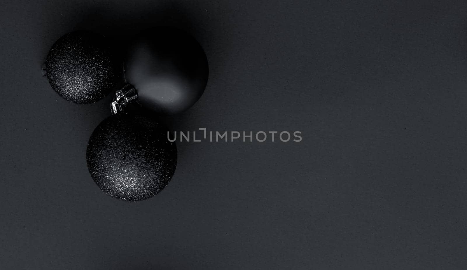 Christmas baubles on black flatlay backdrop, luxury winter holiday card background by Anneleven