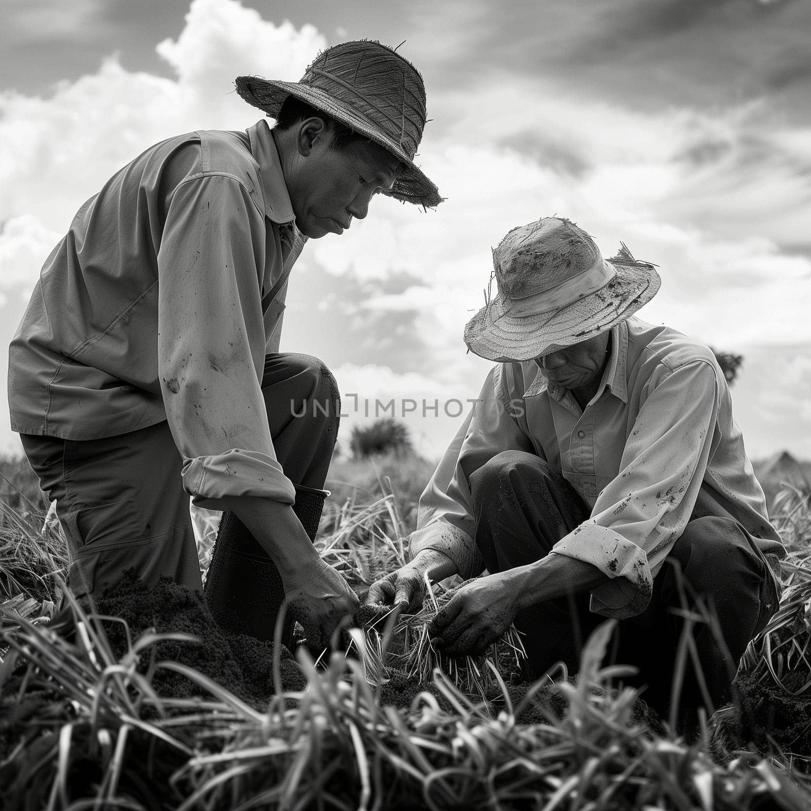 Friendship and teamwork in the fields during planting and harvesting. Friendship between two men. Friendship between two children. Black and white image. High quality photo