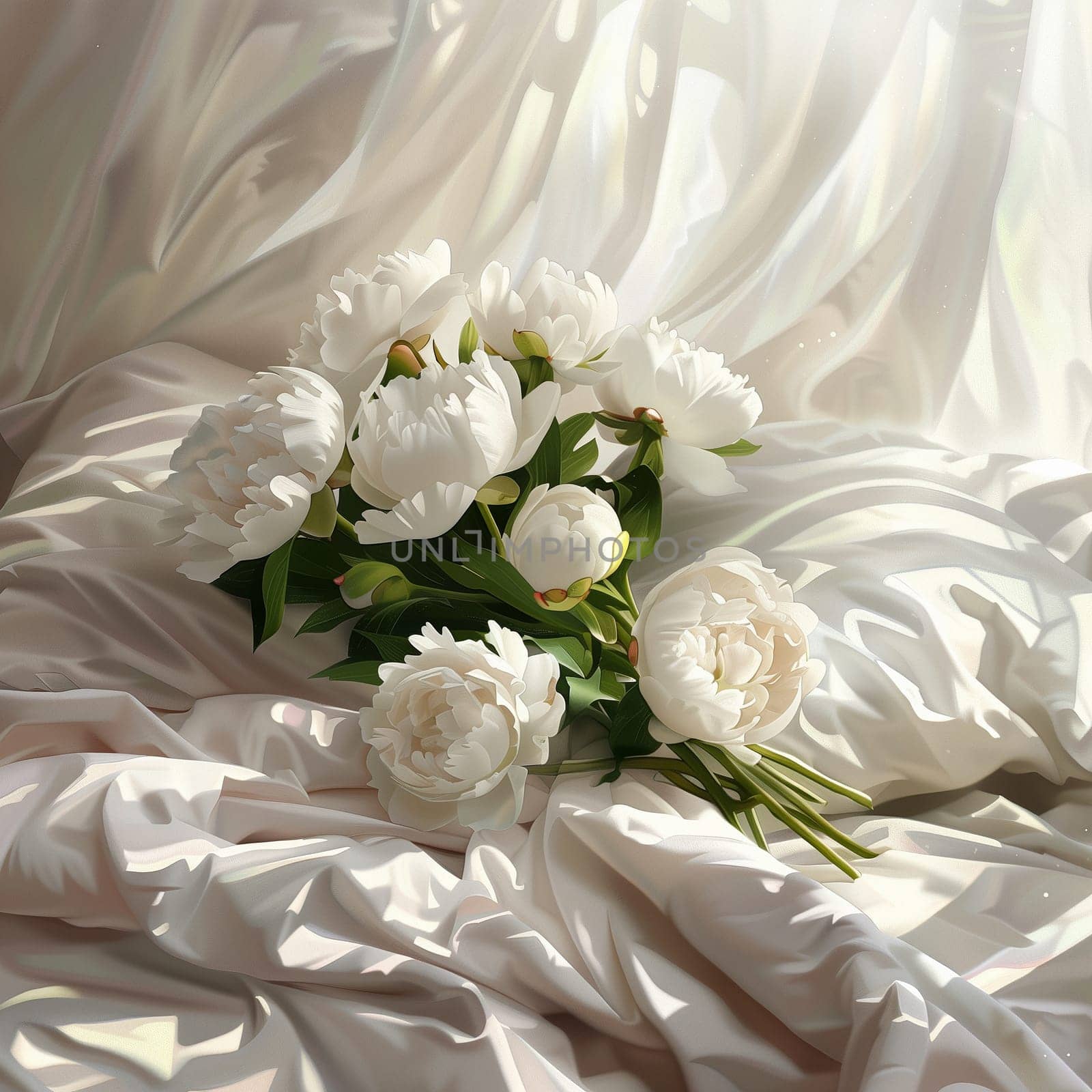 A bouquet of white peonies lying on the bed in the morning. High quality illustration