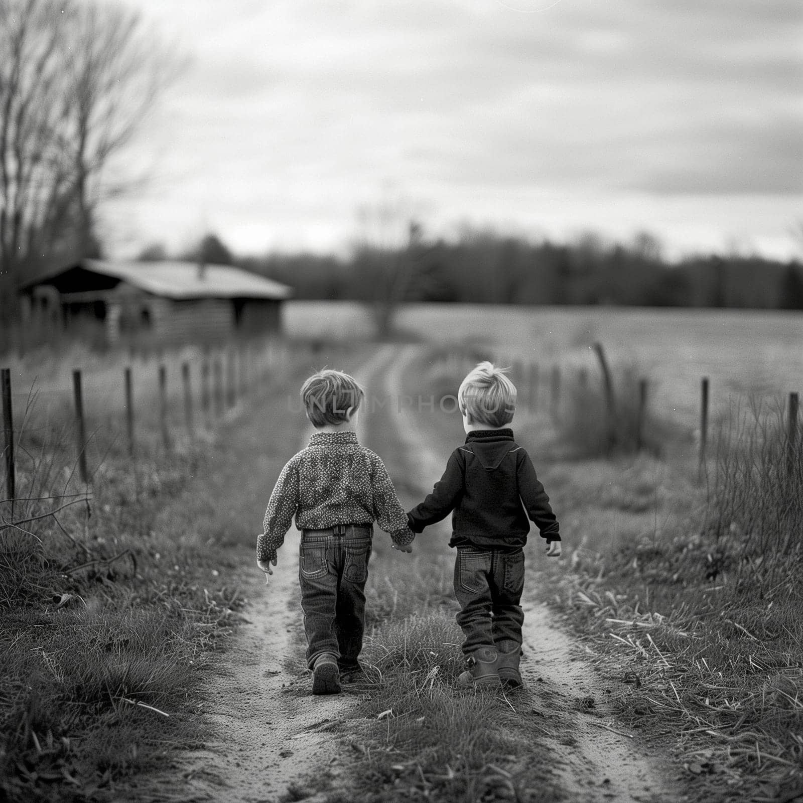 Friendship and teamwork in the fields during planting and harvesting. Friendship between two children. Black and white image. High quality photo