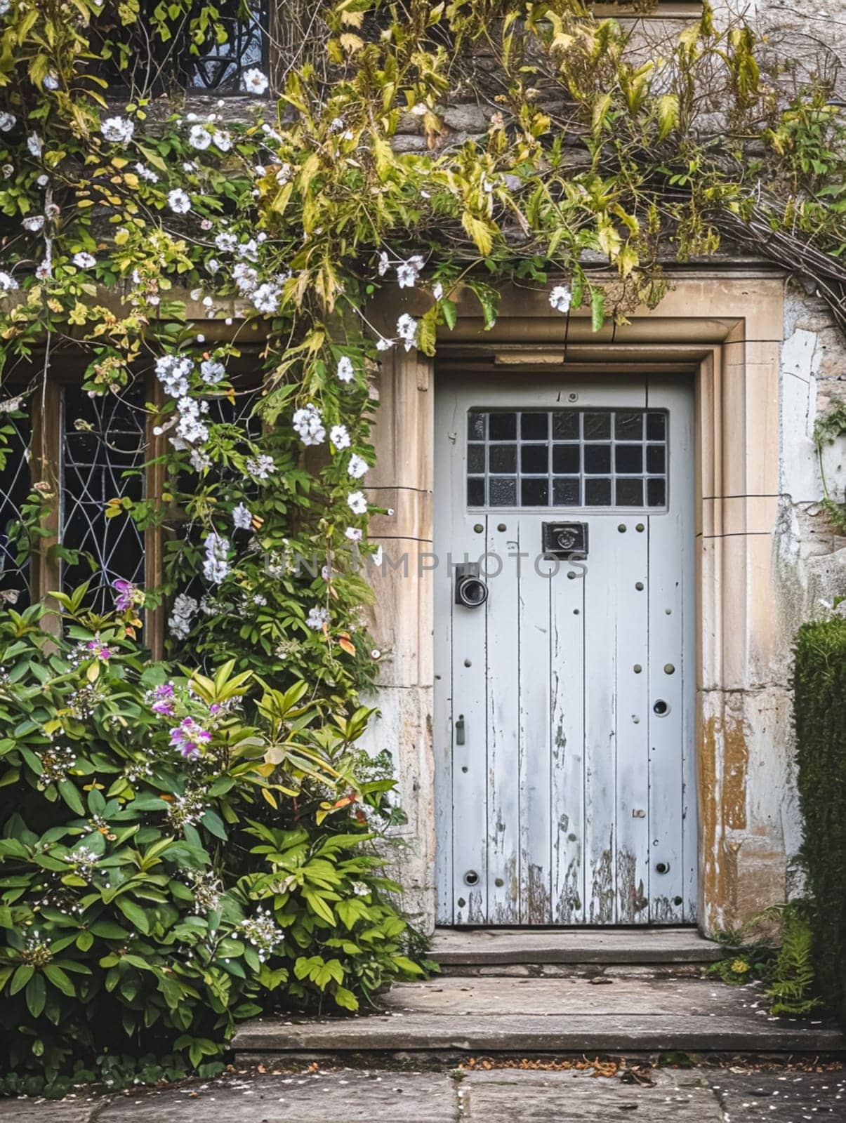 Entrance to a historic manor, framed by antique architectural elements and flanked by potted topiaries, features an aged door by Anneleven