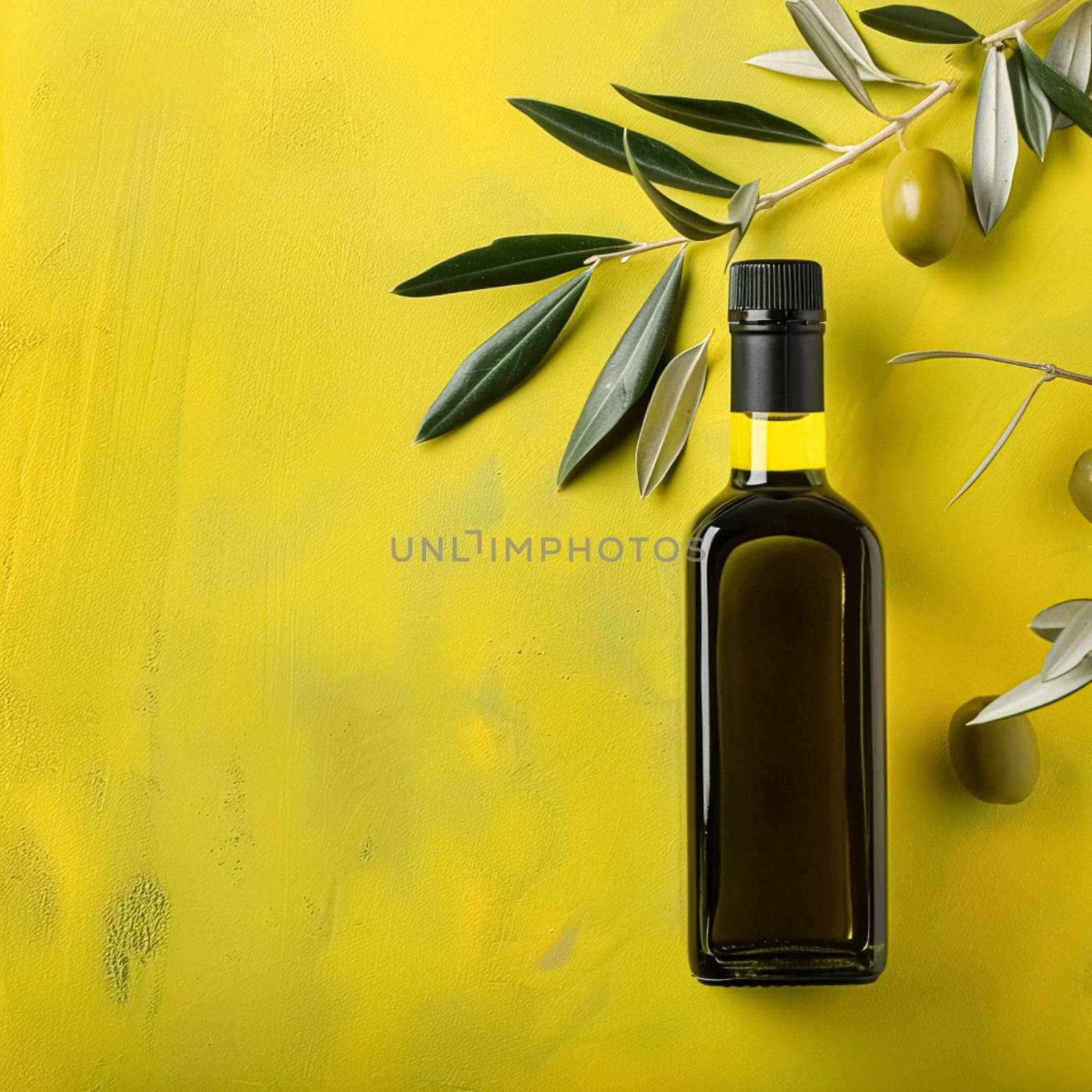 Olive oil bottle ad background with copyspace, vegetable oil commercial produce, food industry and retail concept