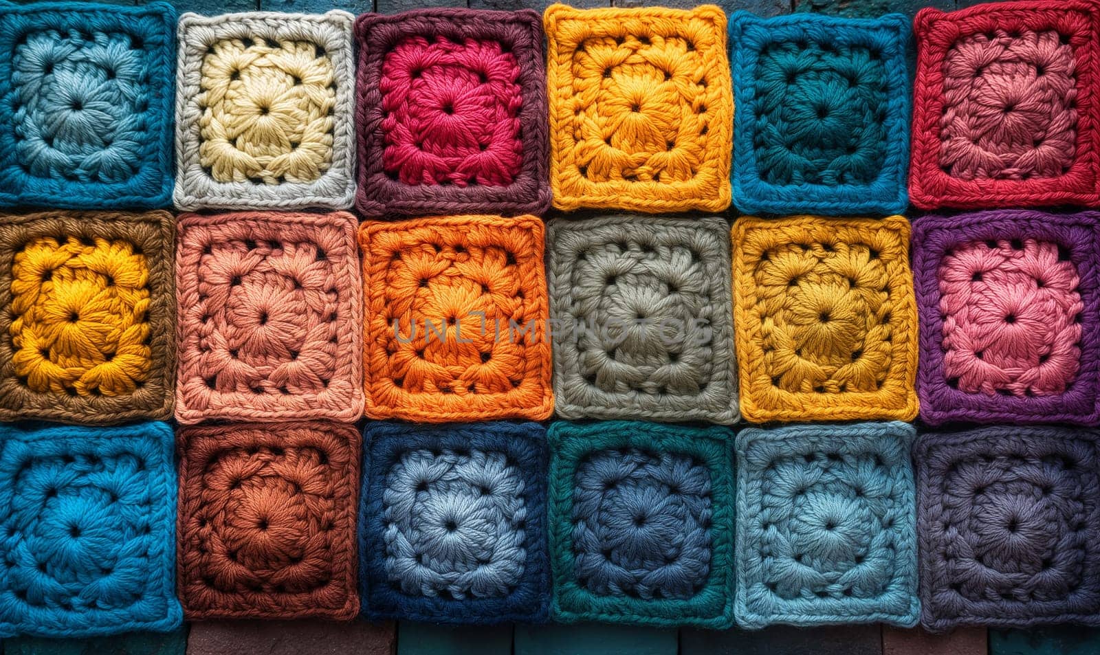 Texture background from a crochet granny square pattern. Selective focus