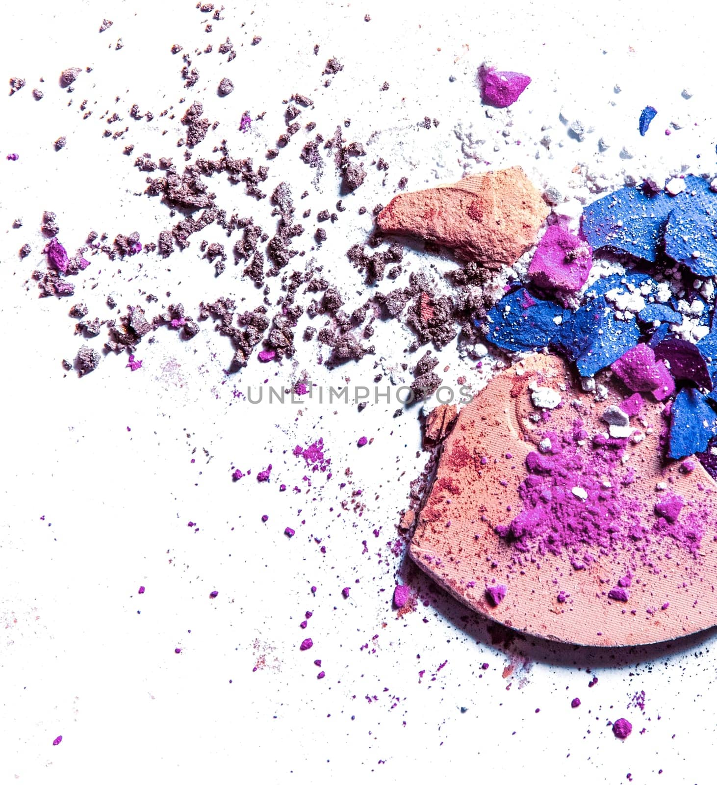 Crushed eyeshadow palette and powder close-up isolated on white background by Anneleven