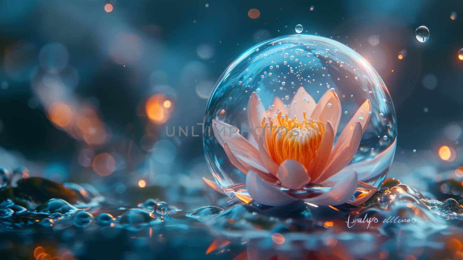 A water droplet is captured in a glass vase with a white flower. Concept of tranquility and beauty