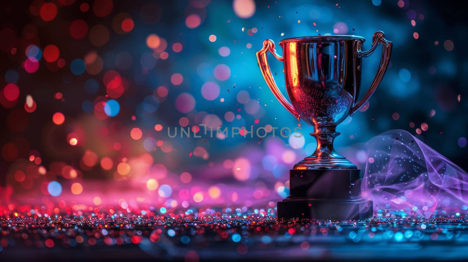 A silver trophy is sitting on a table with a lot of sparkles around it. The trophy is surrounded by a lot of light and it looks like it's glowing. Scene is celebratory and triumphant