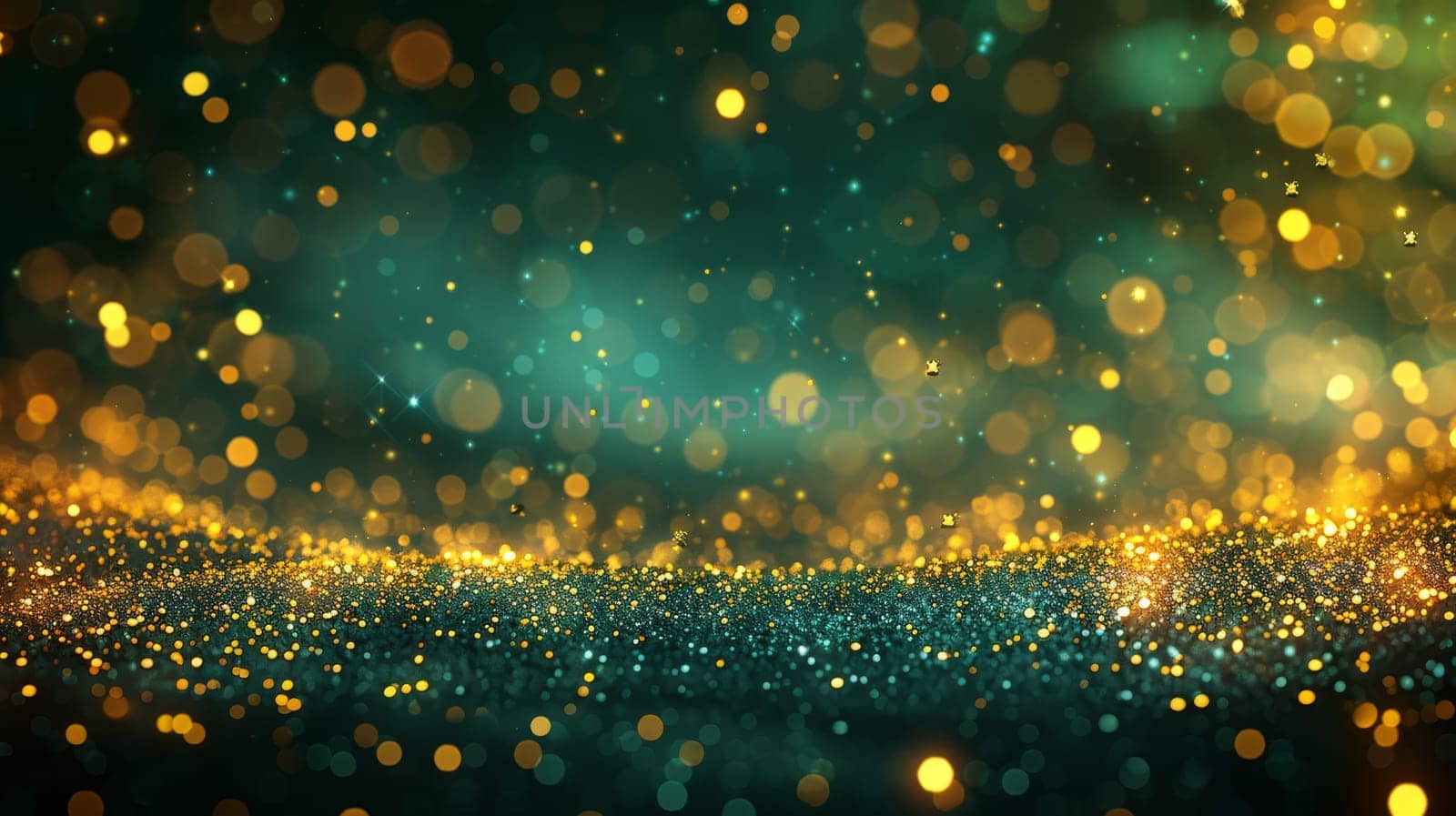 A green background with gold glitter. The glitter is scattered all over the background, creating a sparkling effect. The image has a dreamy, ethereal quality to it