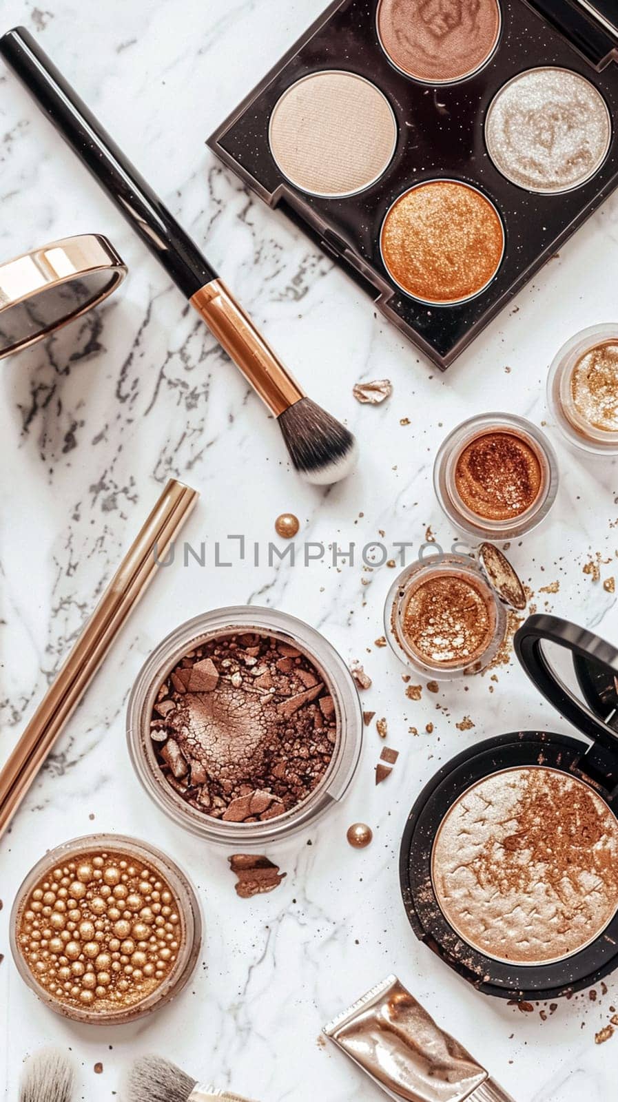Make-up cosmetic product, beauty products and cosmetics swatch sample flatlay, various makeup brand tools as glamour fashion night out background by Anneleven